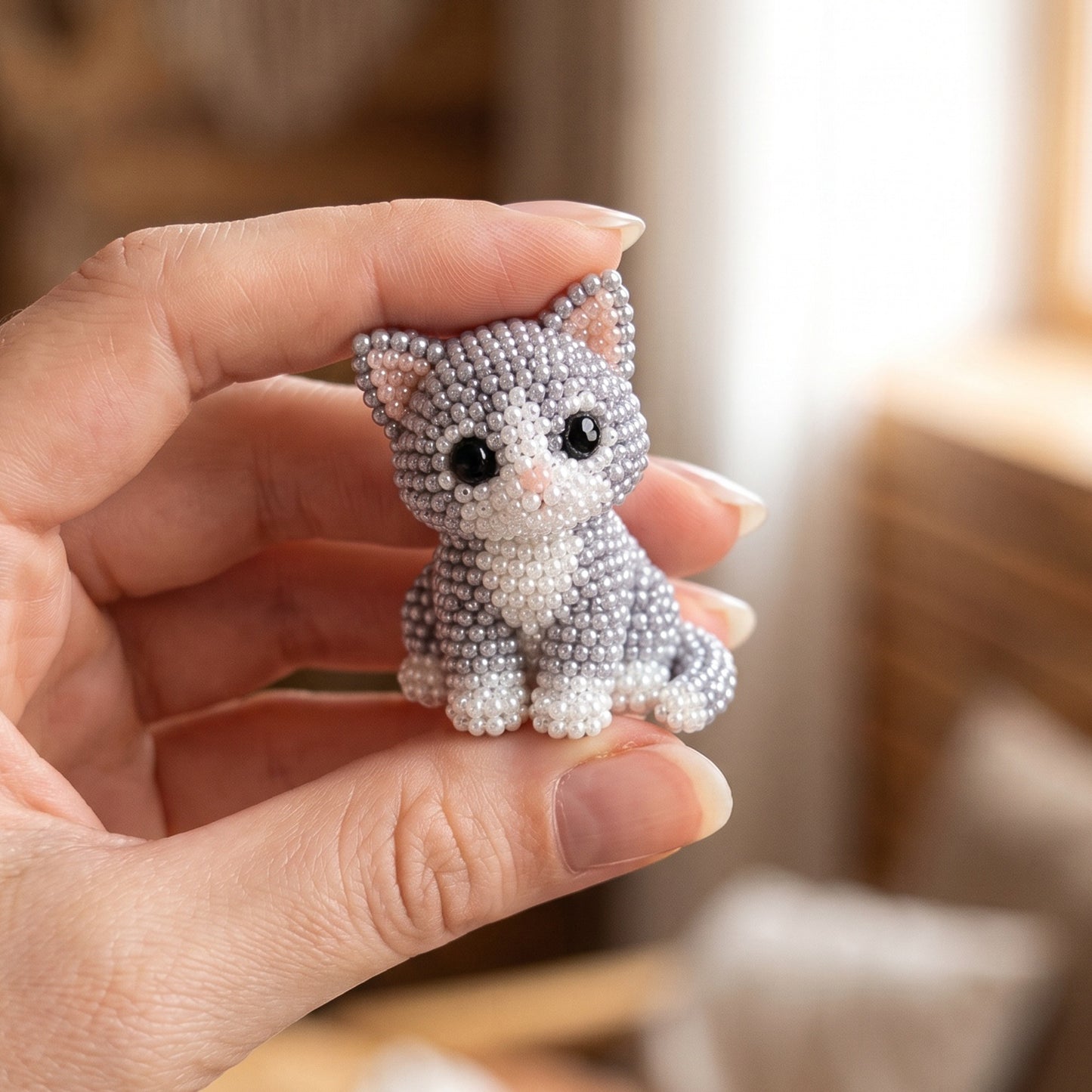 Cute 3D Animal Bead Craft Set with Colorful Beads & Instructions Animals Beadwork Crafts Kits Handmade Jewelry Art Beaded Kit for Beginners & Craft Enthusiasts (Cat)