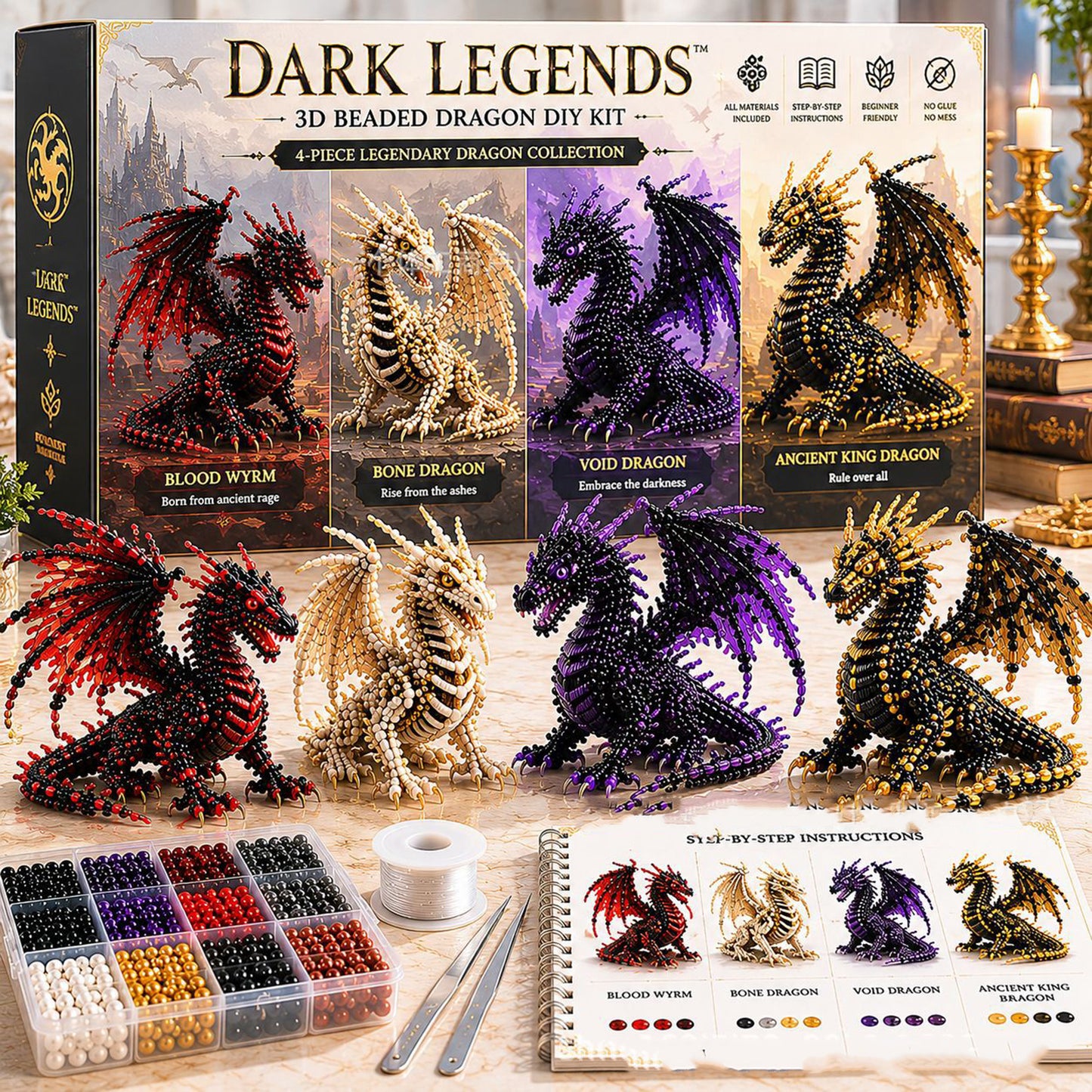DIY 3D Animal Beaded Animal DIY Kit Gift for Beginners & Craft Enthusiasts Handmade Bead Art Kit Bead Embroidery Kit with Instructions (Dark Dragon B)