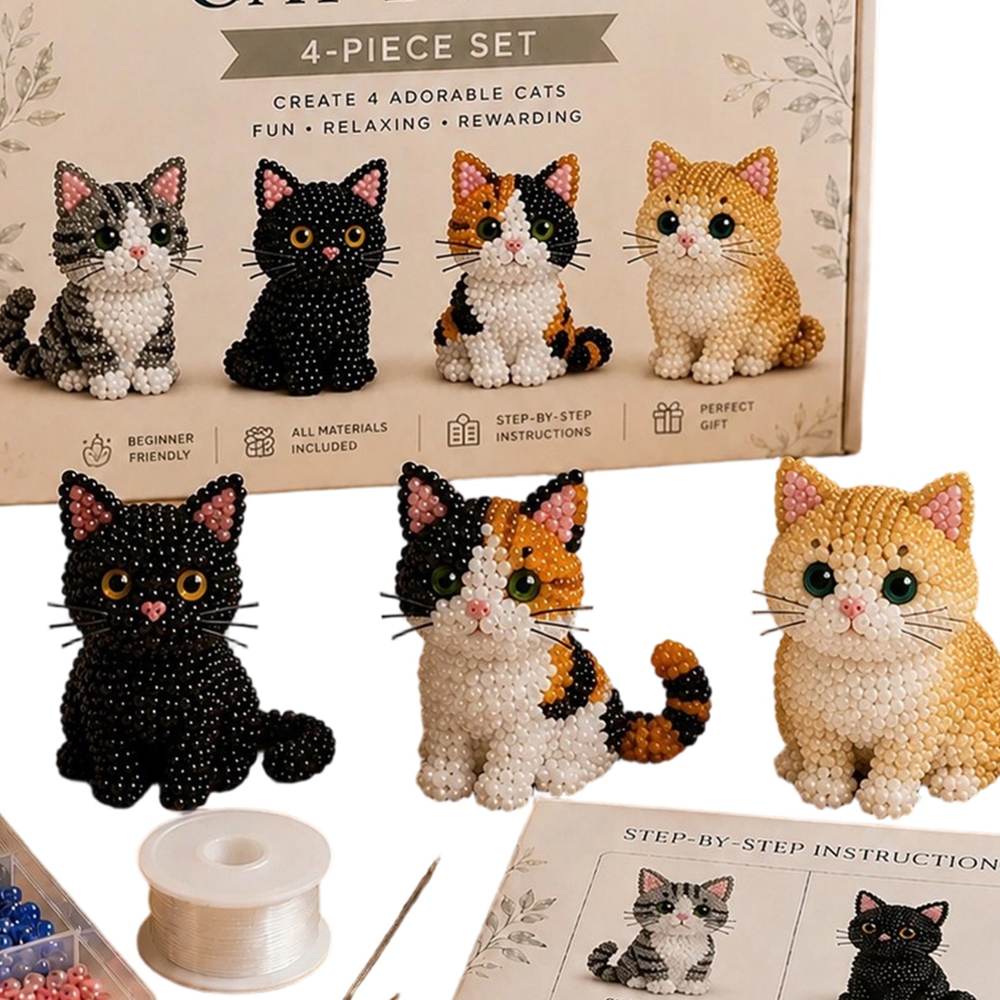 4pcs 3D DIY Cat Beaded Animal DIY Kit with Instructions Handmade Bead Art Kit Animal Beading Kit Gift for Beginners & Craft Enthusiasts (B)
