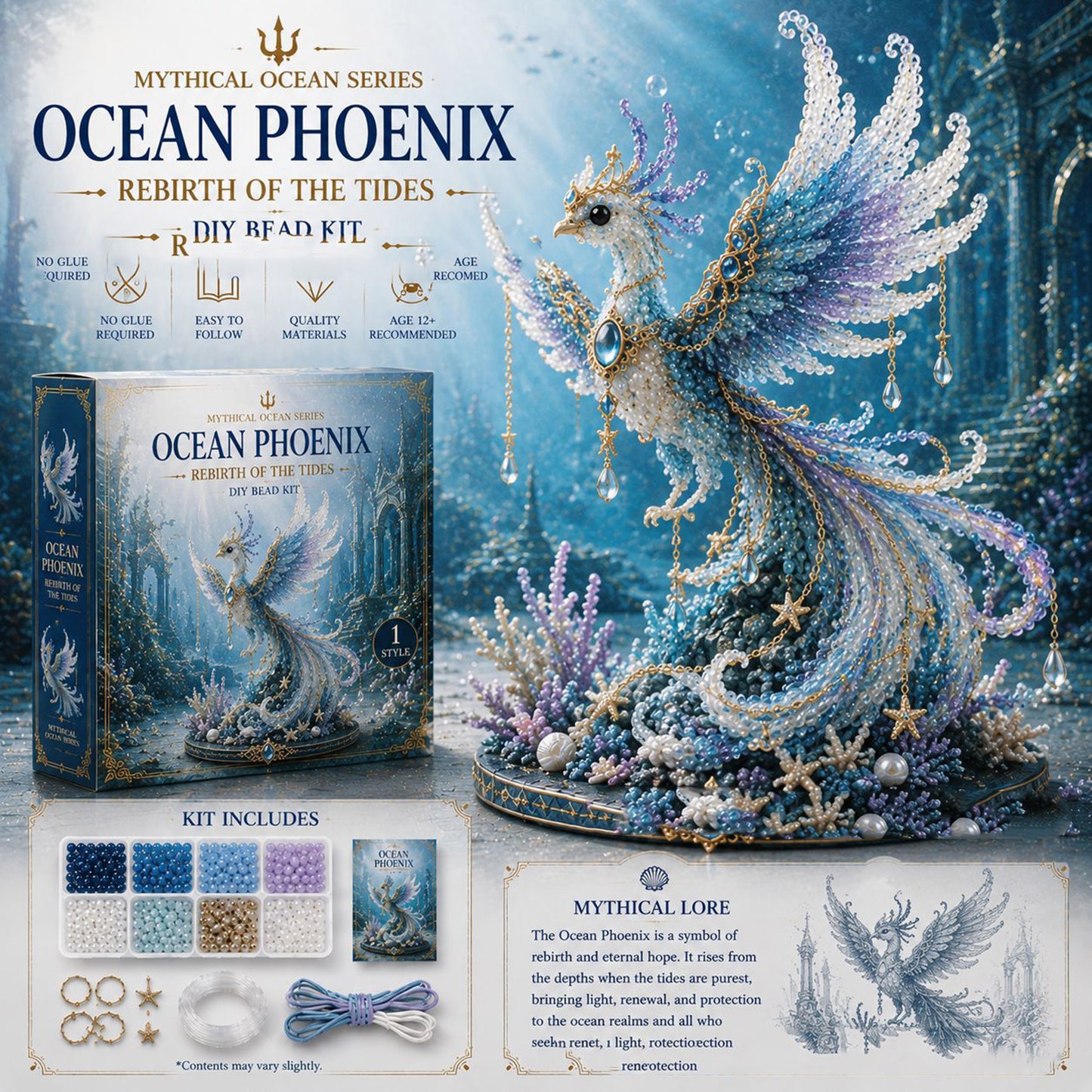 Mythical Ocean 3D DIY Beaded Animal Making Kit with Full Materials & Instructions Beaded Craft Kit Bead Embroidery Set Gift For Beginners & Craft Enthusiasts (Ocean Phoenix)