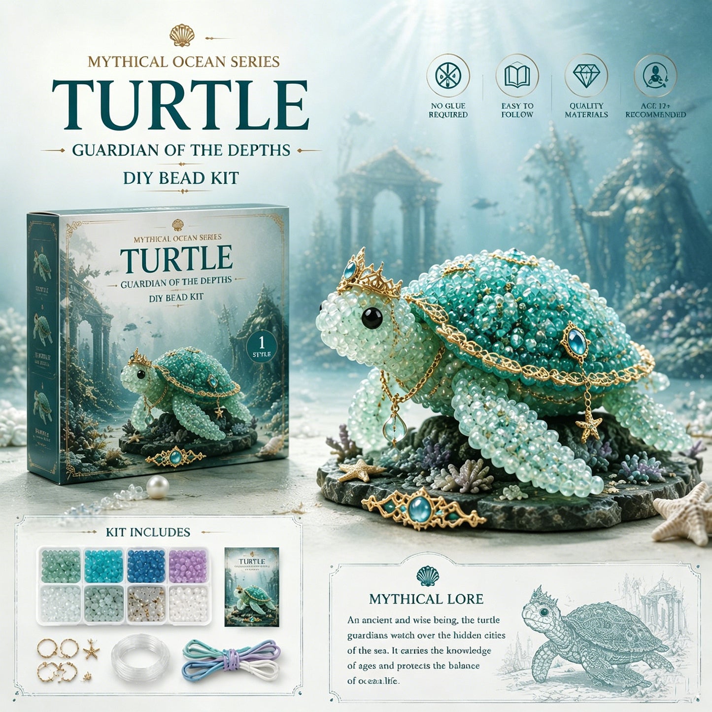 Mythical Ocean 3D DIY Beaded Animal Making Kit with Full Materials & Instructions Beaded Craft Kit Bead Embroidery Set Gift For Beginners & Craft Enthusiasts(sea turtle)