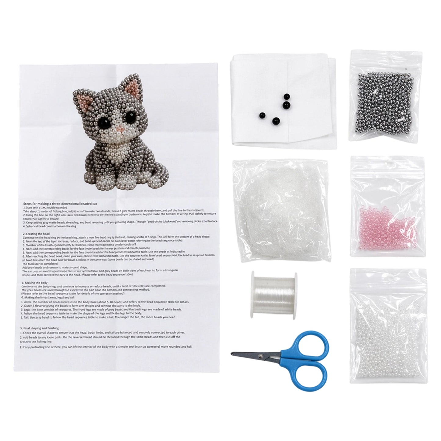 Cute 3D Animal Bead Craft Set with Colorful Beads & Instructions Animals Beadwork Crafts Kits Handmade Jewelry Art Beaded Kit for Beginners & Craft Enthusiasts (Cat)