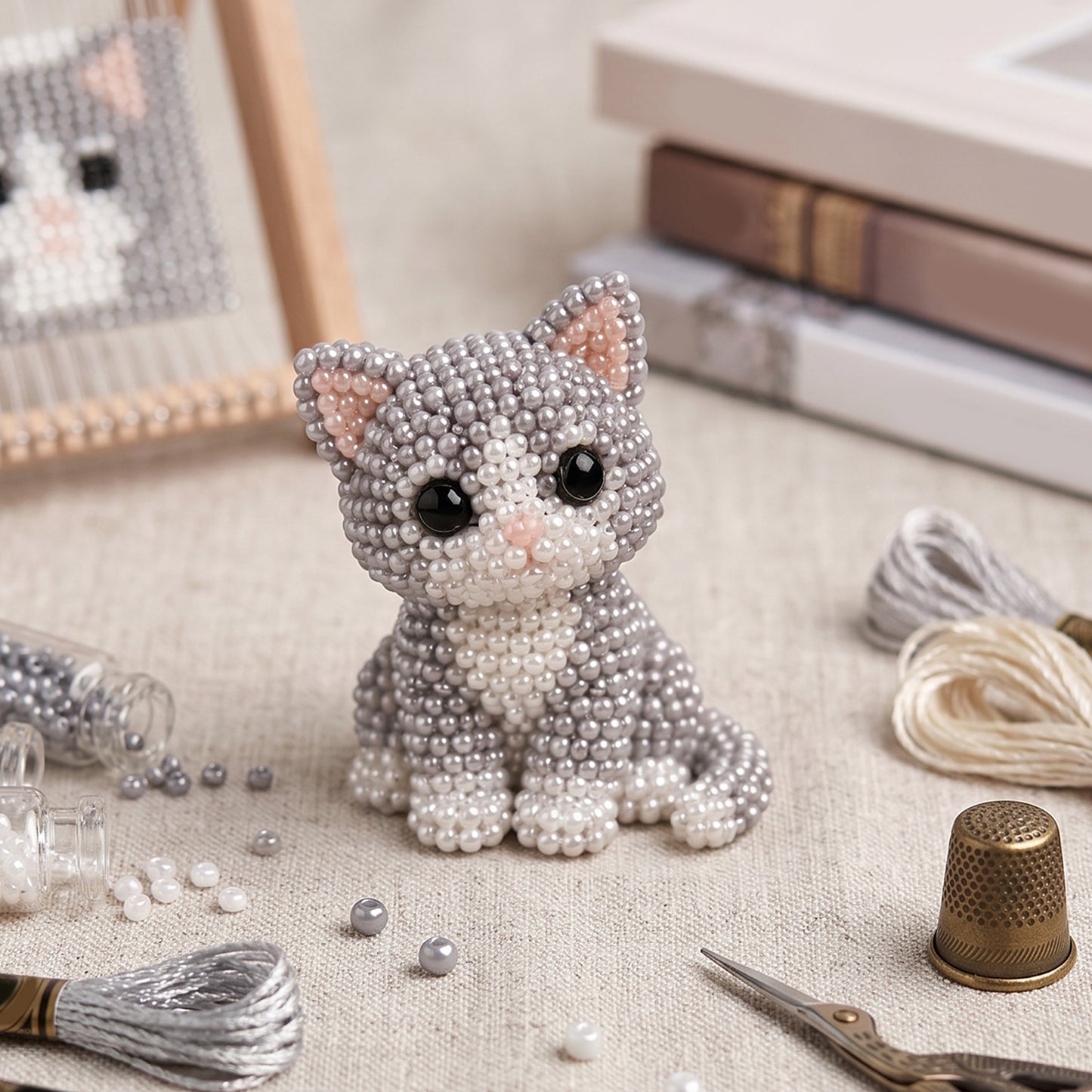 Cute 3D Animal Bead Craft Set with Colorful Beads & Instructions Animals Beadwork Crafts Kits Handmade Jewelry Art Beaded Kit for Beginners & Craft Enthusiasts (Cat)