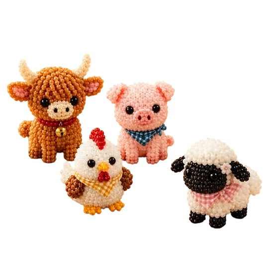 4Pcs Farm Animals DIY 3D Beaded Kit for Teens Adults Home Decor Gift Handmade Beading Craft Set with Colorful Beads & Instructions Beginner-Friendly