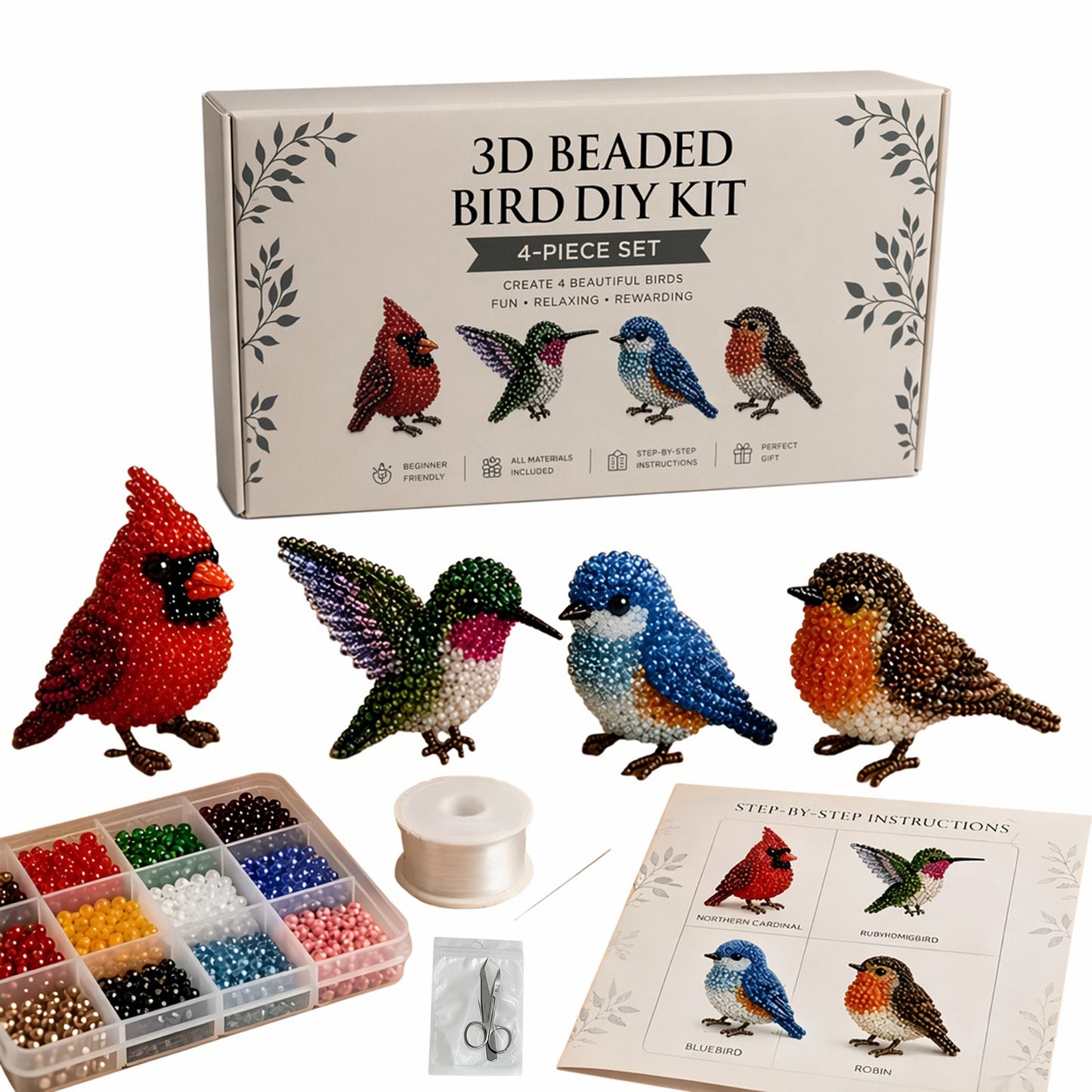 Backyard Birds DIY 3D Animals Bead Embroidery Kits Complete Accessories Cute Bead Craft Animal Set for Crafting Enthusiasts Girls Women Teens Adults