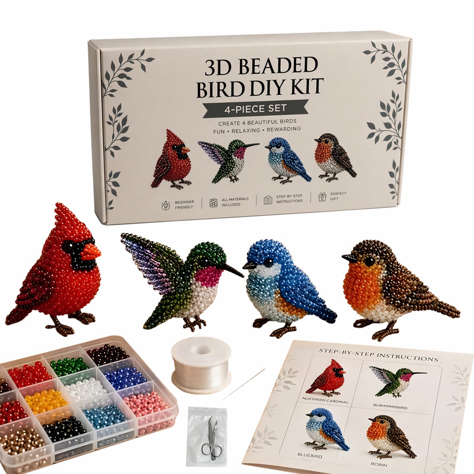 Backyard Birds DIY 3D Animals Bead Embroidery Kits Complete Accessories Cute Bead Craft Animal Set for Crafting Enthusiasts Girls Women Teens Adults