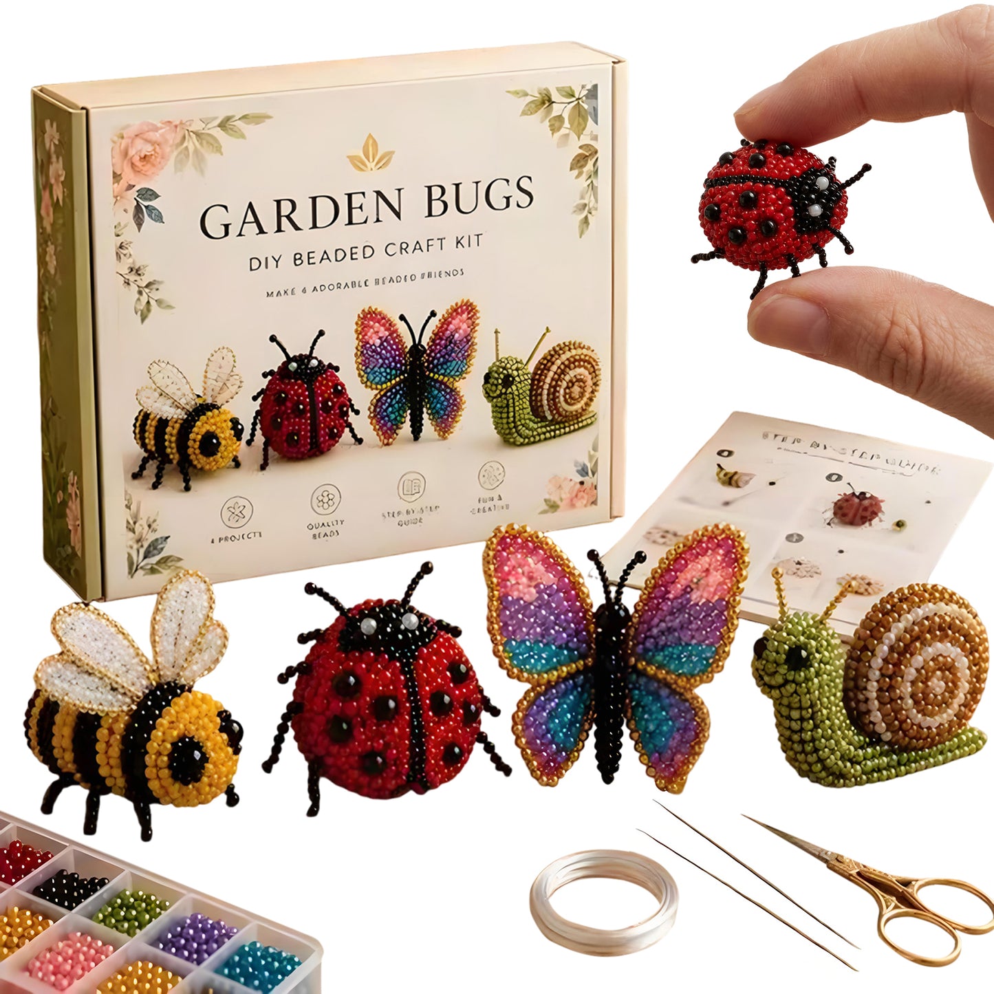 Garden Bugs DIY 3D Animals Bead Embroidery Kits Complete Accessories Cute Bead Craft Animal Set for Crafting Enthusiasts Girls Women Teens Adults