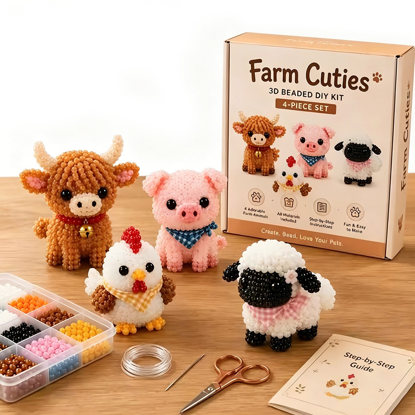 Cute Farm Buddies DIY 3D Animals Bead Embroidery Kits Complete Accessories Cute Bead Craft Animal Set for Crafting Enthusiasts Girls Women Teens Adults