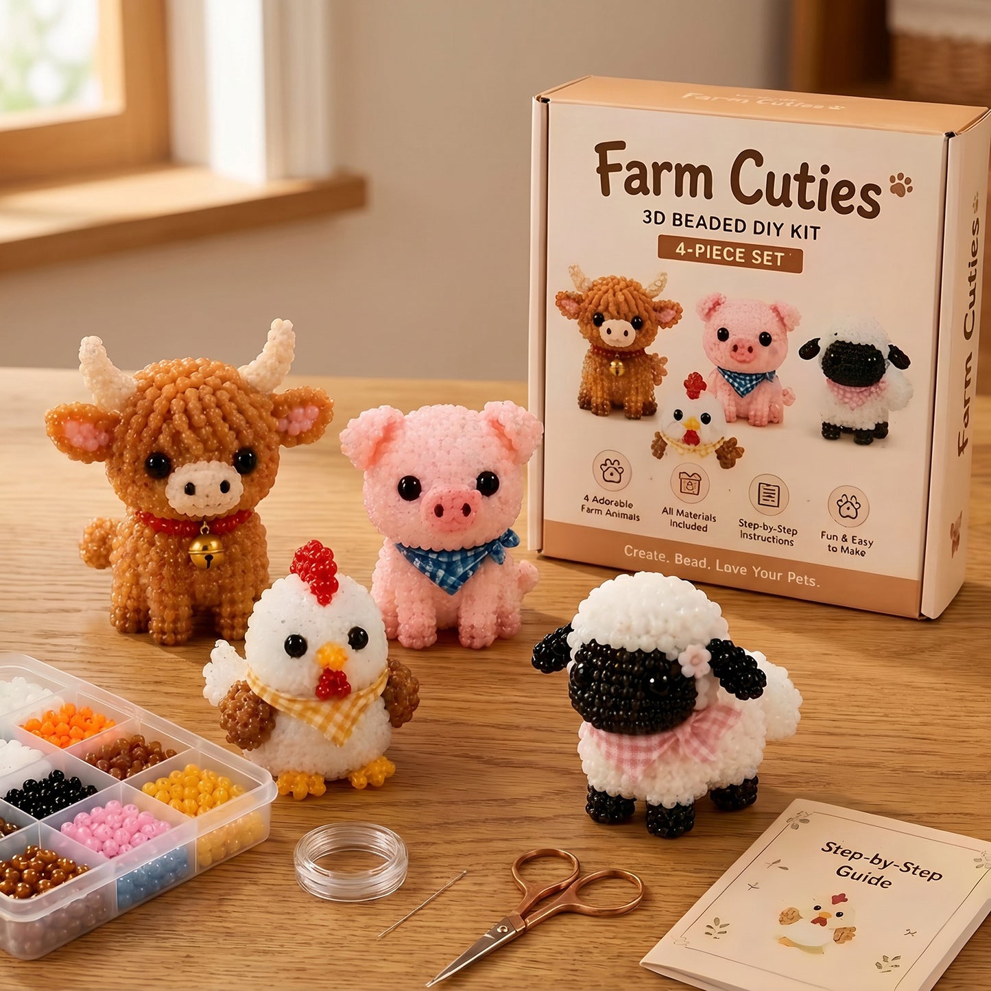 Cute Farm Buddies DIY 3D Animals Bead Embroidery Kits Complete Accessories Cute Bead Craft Animal Set for Crafting Enthusiasts Girls Women Teens Adults