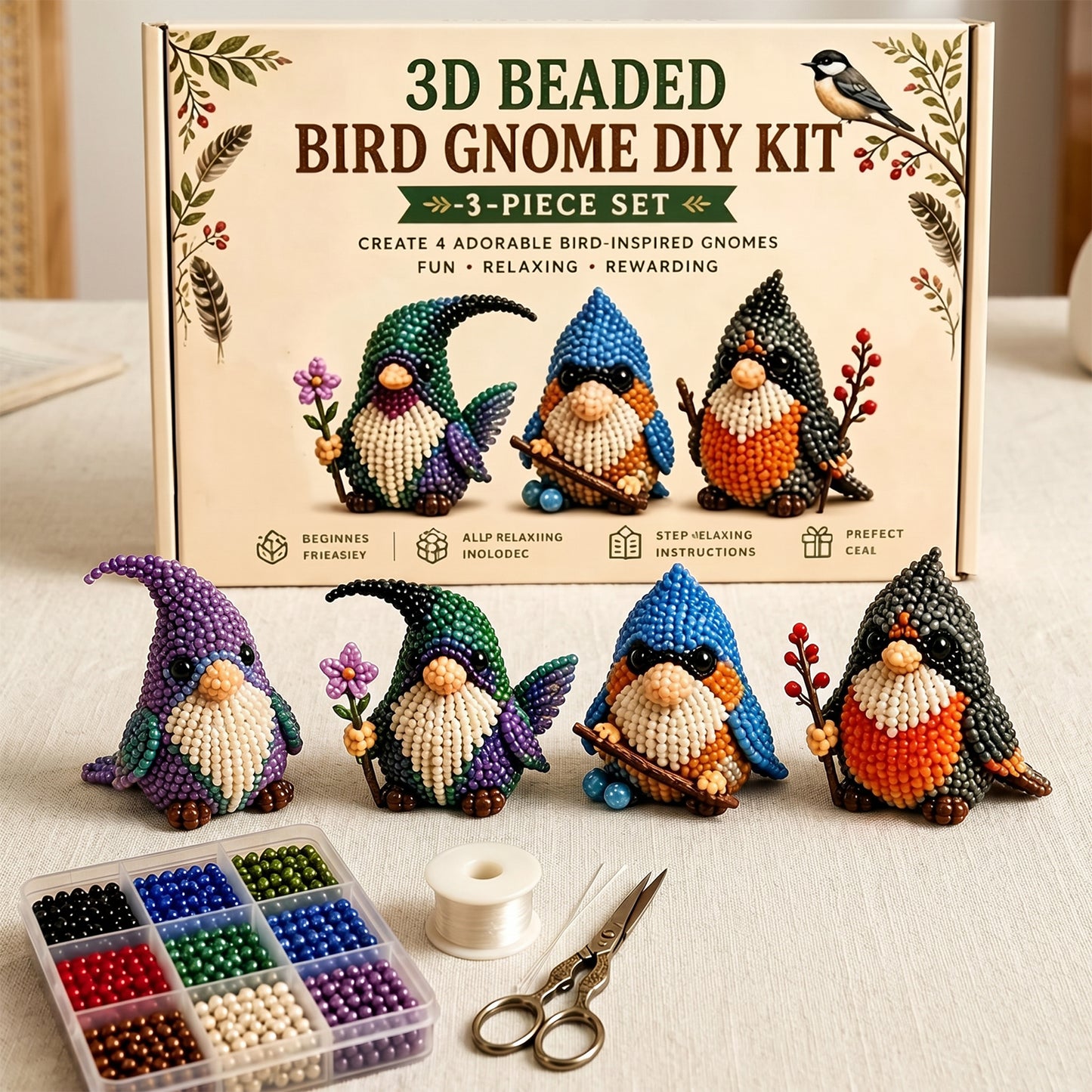 4 Pack 3D Beaded Gnome DIY Kit with All Material & Tool Miniature Gnome Figurines Multifunctional Funny Handmade Gnomes DIYs Decor for Adults Beginners & DIY Crafts Lovers (A)