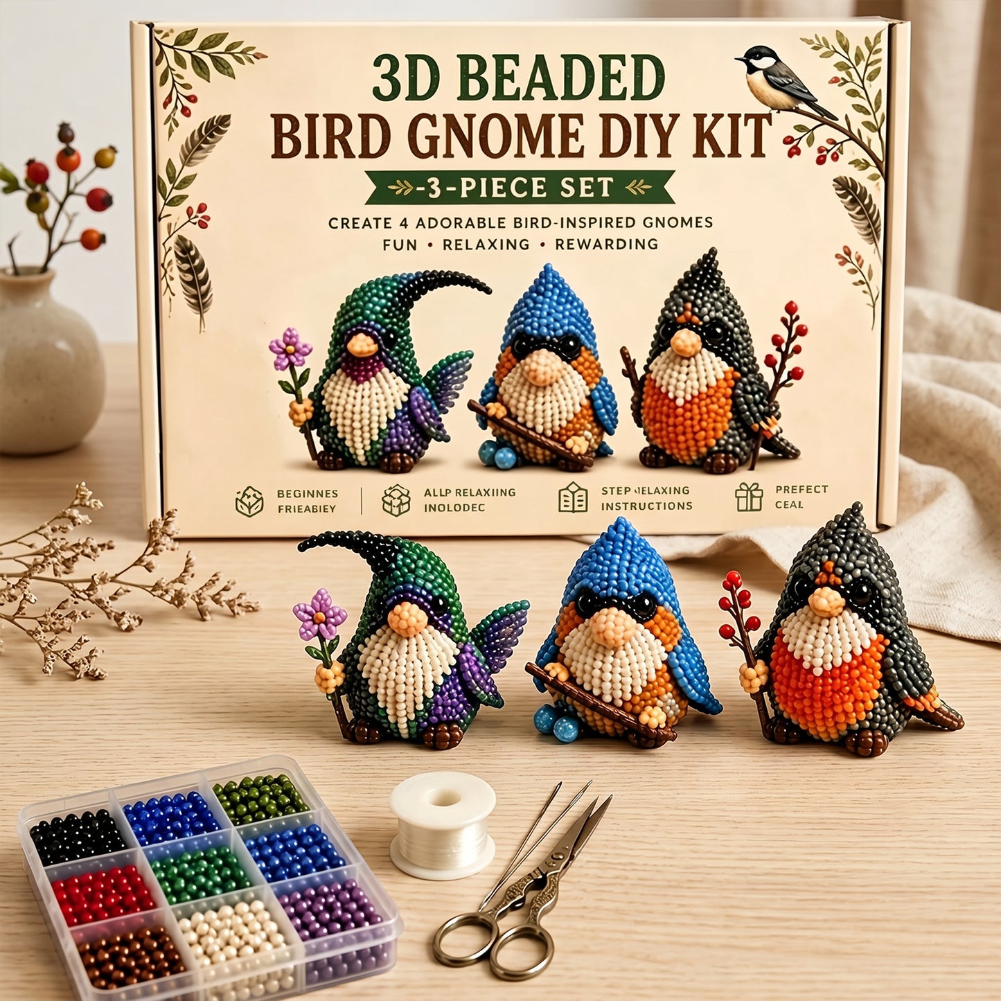 4 Pack 3D Beaded Gnome DIY Kit with All Material & Tool Miniature Gnome Figurines Multifunctional Funny Handmade Gnomes DIYs Decor for Adults Beginners & DIY Crafts Lovers (A)