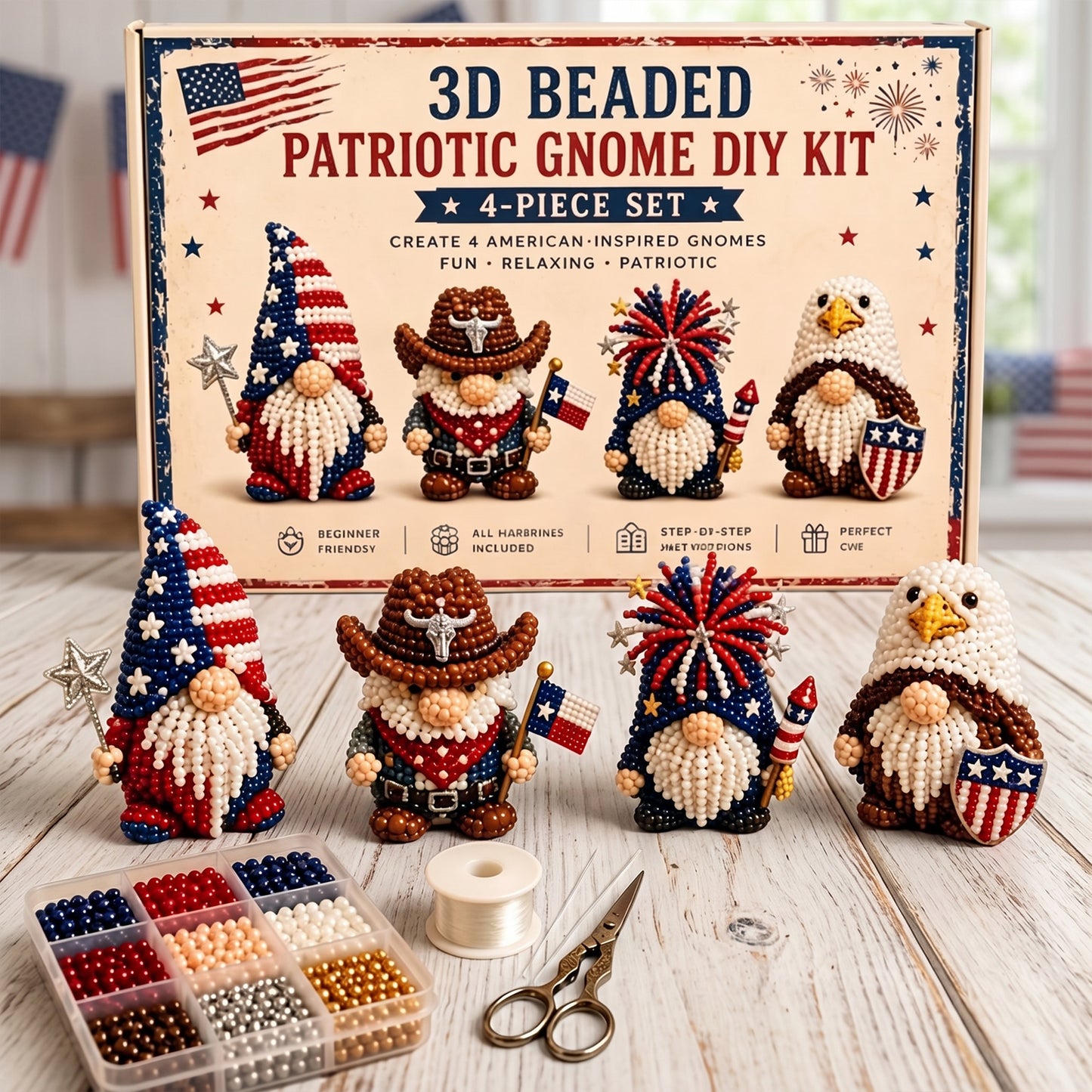 4 Pack 3D Beaded Gnome DIY Kit with All Material & Tool Miniature Gnome Figurines Multifunctional Funny Handmade Gnomes DIYs Decor for Adults Beginners & DIY Crafts Lovers (B)