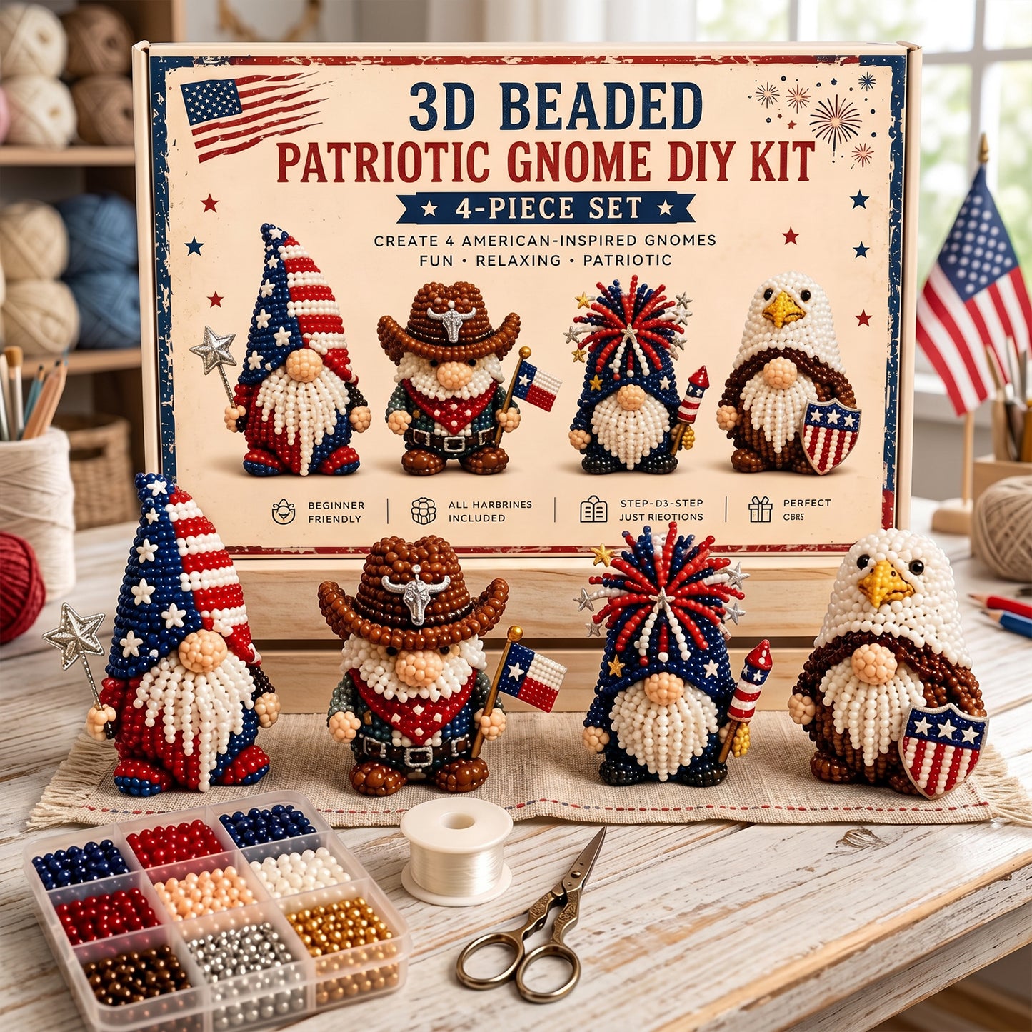 4 Pack 3D Beaded Gnome DIY Kit with All Material & Tool Miniature Gnome Figurines Multifunctional Funny Handmade Gnomes DIYs Decor for Adults Beginners & DIY Crafts Lovers (B)