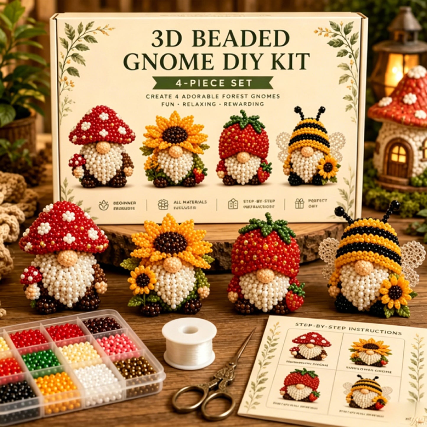 4 Pack 3D Beaded Gnome DIY Kit with All Material & Tool Miniature Gnome Figurines Multifunctional Funny Handmade Gnomes DIYs Decor for Adults Beginners & DIY Crafts Lovers (C)