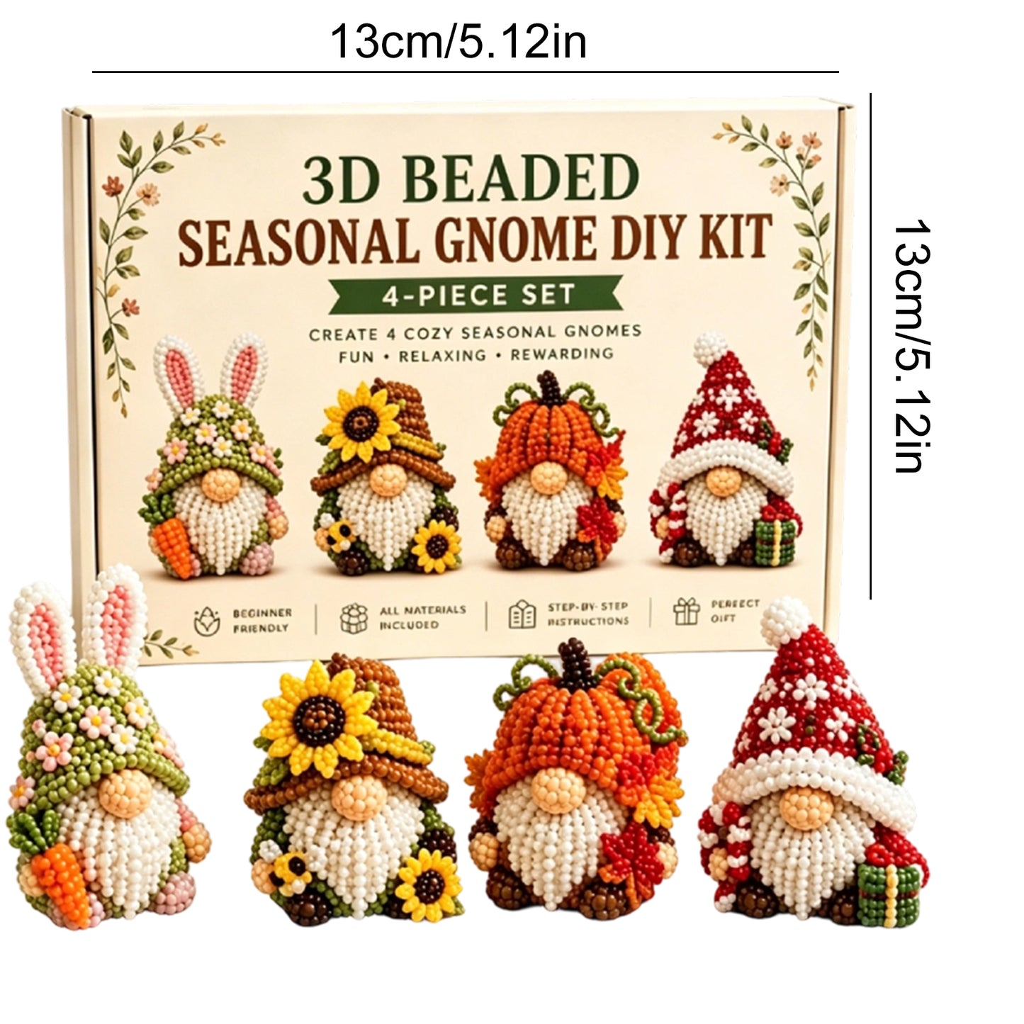 4 Pack 3D Beaded Gnome DIY Kit with All Material & Tool Miniature Gnome Figurines Multifunctional Funny Handmade Gnomes DIYs Decor for Adults Beginners & DIY Crafts Lovers (D)