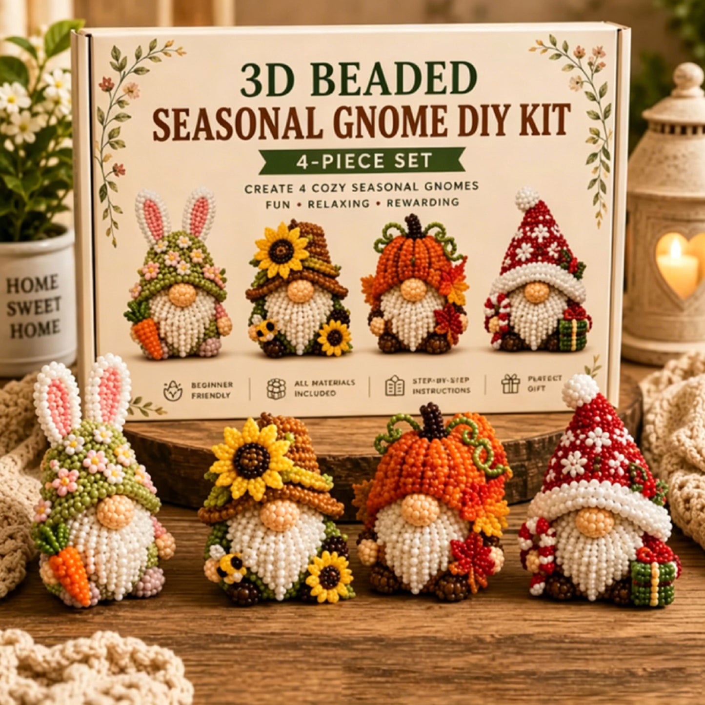 4 Pack 3D Beaded Gnome DIY Kit with All Material & Tool Miniature Gnome Figurines Multifunctional Funny Handmade Gnomes DIYs Decor for Adults Beginners & DIY Crafts Lovers (D)