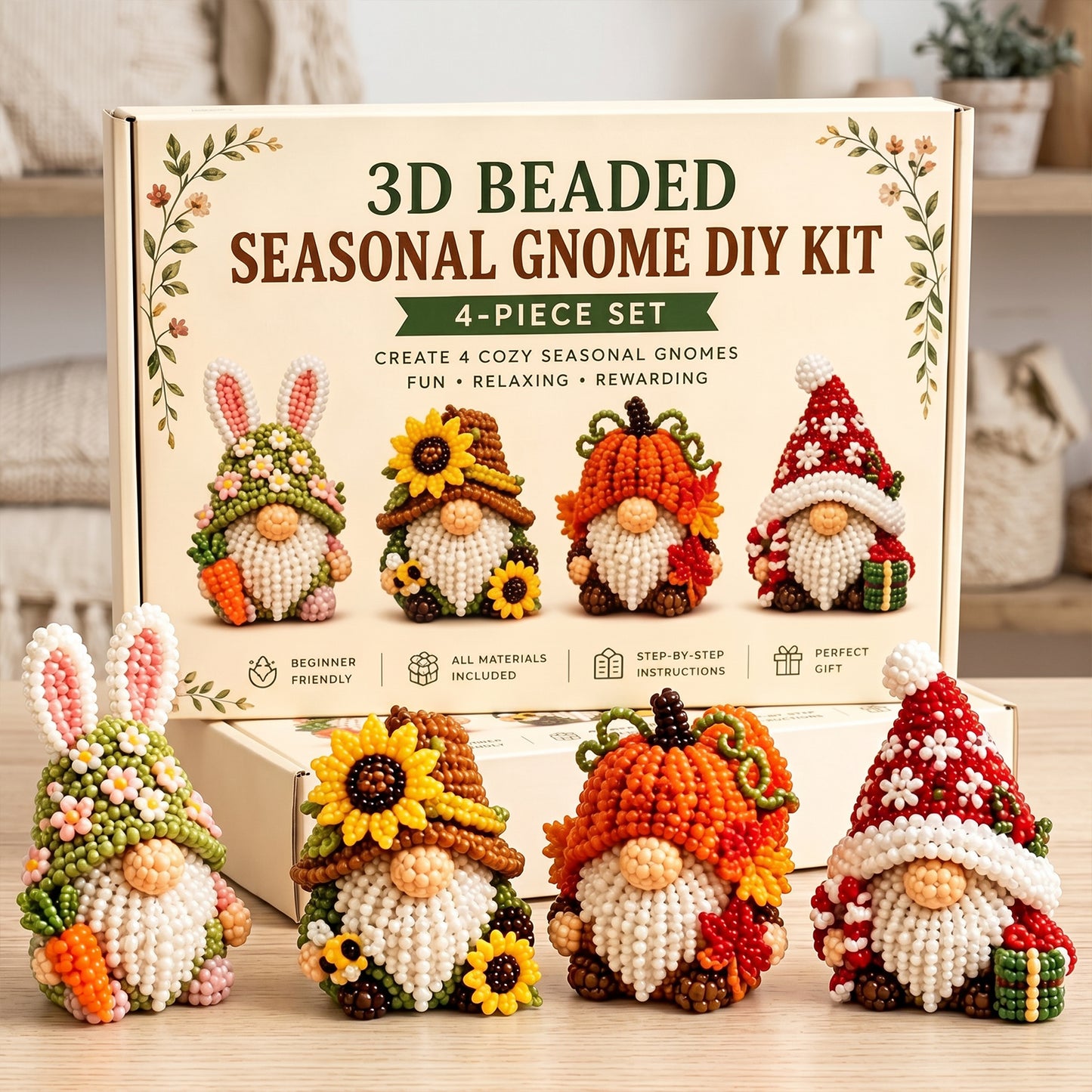4 Pack 3D Beaded Gnome DIY Kit with All Material & Tool Miniature Gnome Figurines Multifunctional Funny Handmade Gnomes DIYs Decor for Adults Beginners & DIY Crafts Lovers (D)