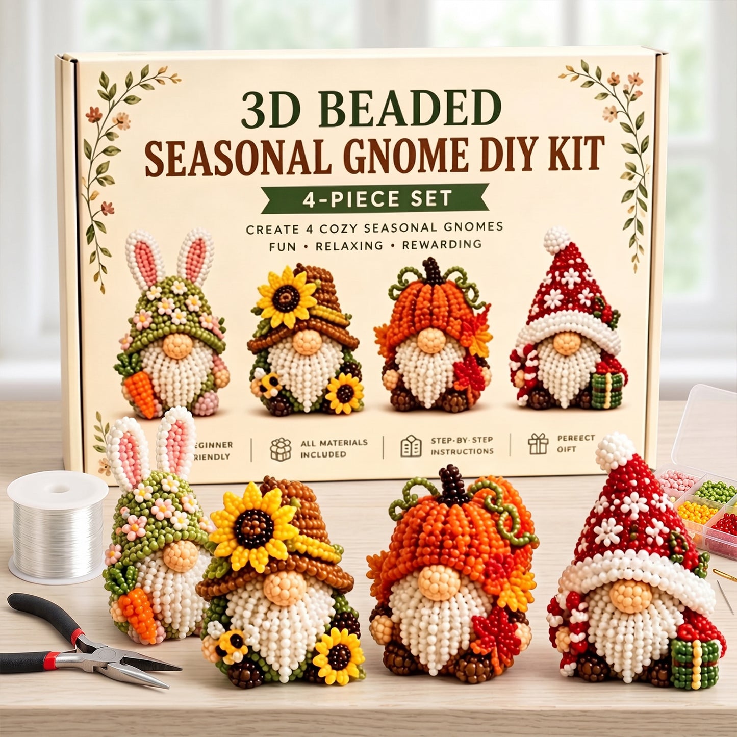 4 Pack 3D Beaded Gnome DIY Kit with All Material & Tool Miniature Gnome Figurines Multifunctional Funny Handmade Gnomes DIYs Decor for Adults Beginners & DIY Crafts Lovers (D)