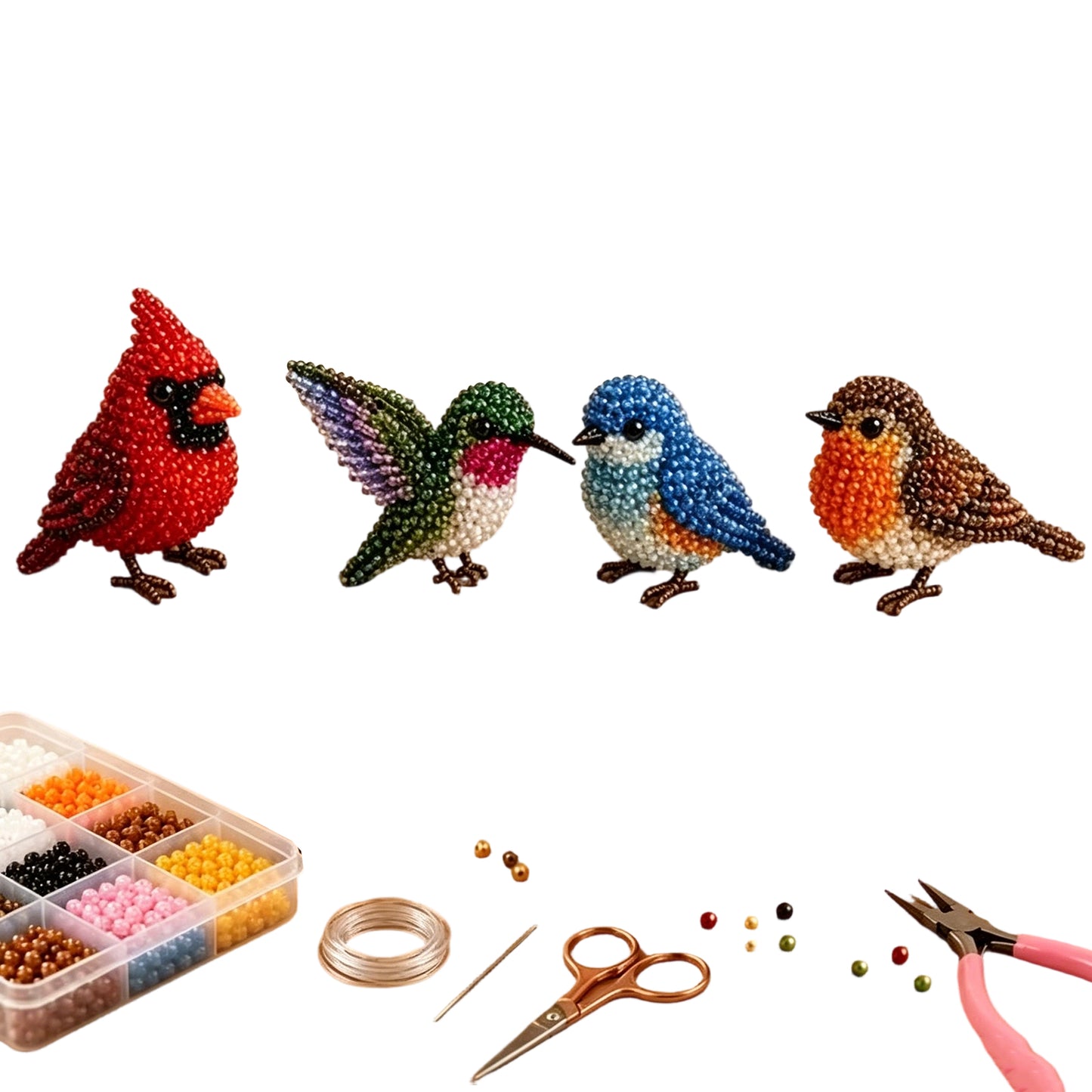 DIY 3D Animals Bead Embroidery Kits Complete Accessories Bead Embroidery Set Cute Bead Craft Animal Set for Crafting Enthusiasts Girls Women Teens Adults (Backyard birds)