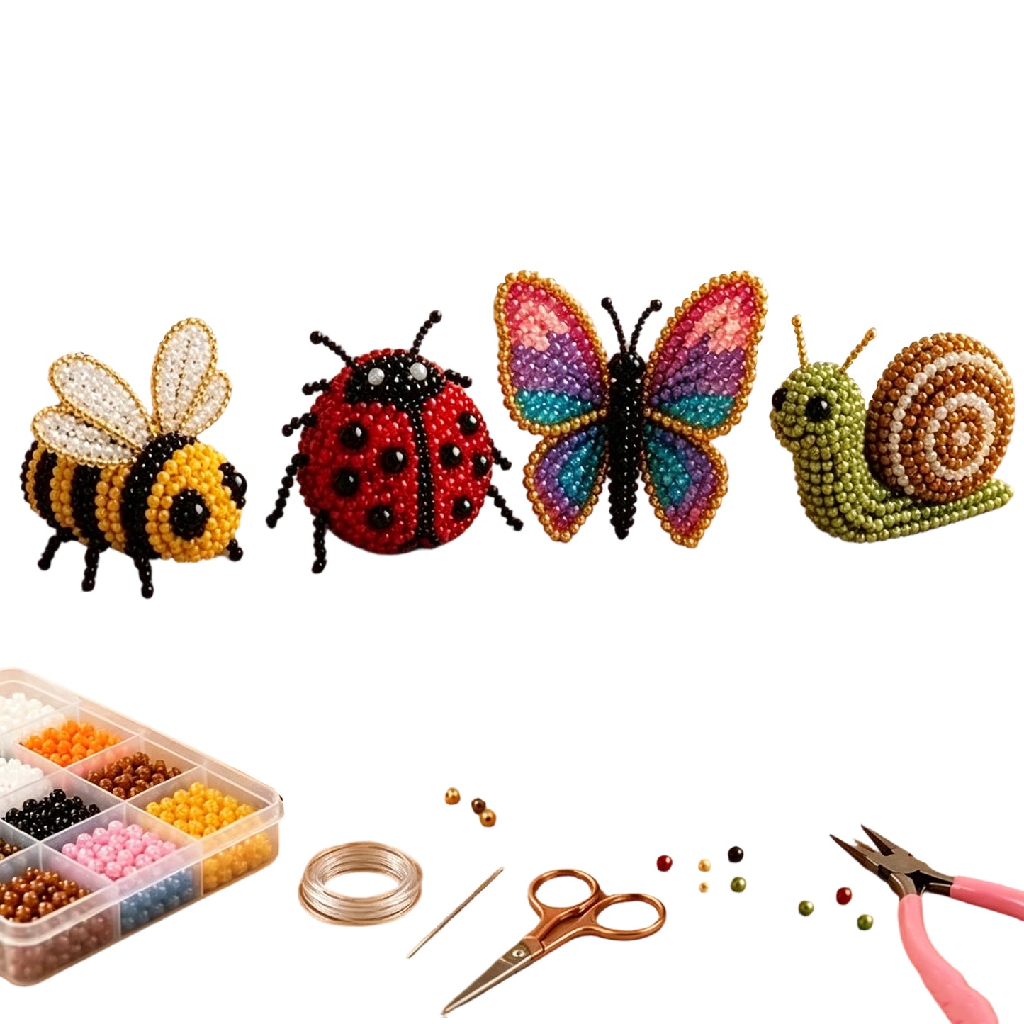 DIY 3D Animals Bead Embroidery Kits Complete Accessories Bead Embroidery Set Cute Bead Craft Animal Set for Crafting Enthusiasts Girls Women Teens Adults (Garden bugs)