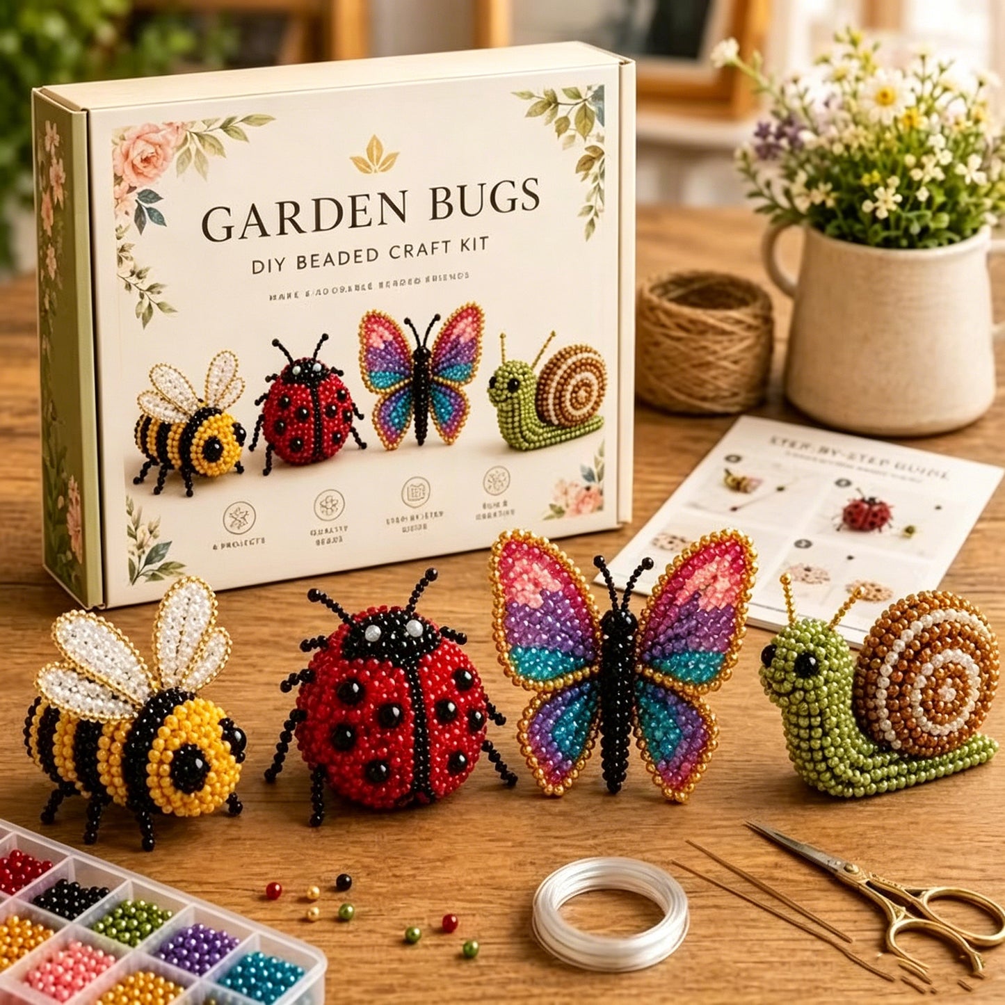 DIY 3D Animals Bead Embroidery Kits Complete Accessories Bead Embroidery Set Cute Bead Craft Animal Set for Crafting Enthusiasts Girls Women Teens Adults (Garden bugs)