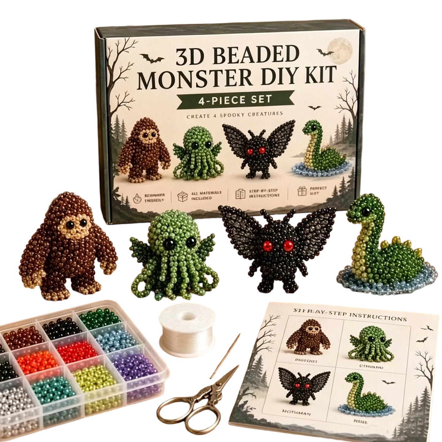 DIY 3D Animals Bead Embroidery Kits Complete Accessories Bead Embroidery Set Cute Bead Craft Animal Set for Crafting Enthusiasts Girls Women Teens Adults (Creatures Monsters)