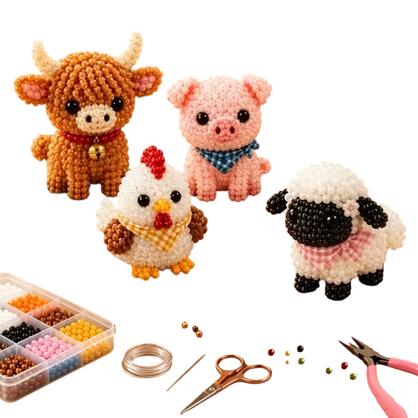 DIY 3D Animals Bead Embroidery Kits Complete Accessories Bead Embroidery Set Cute Bead Craft Animal Set for Crafting Enthusiasts Girls Women Teens Adults (Farm cutie)