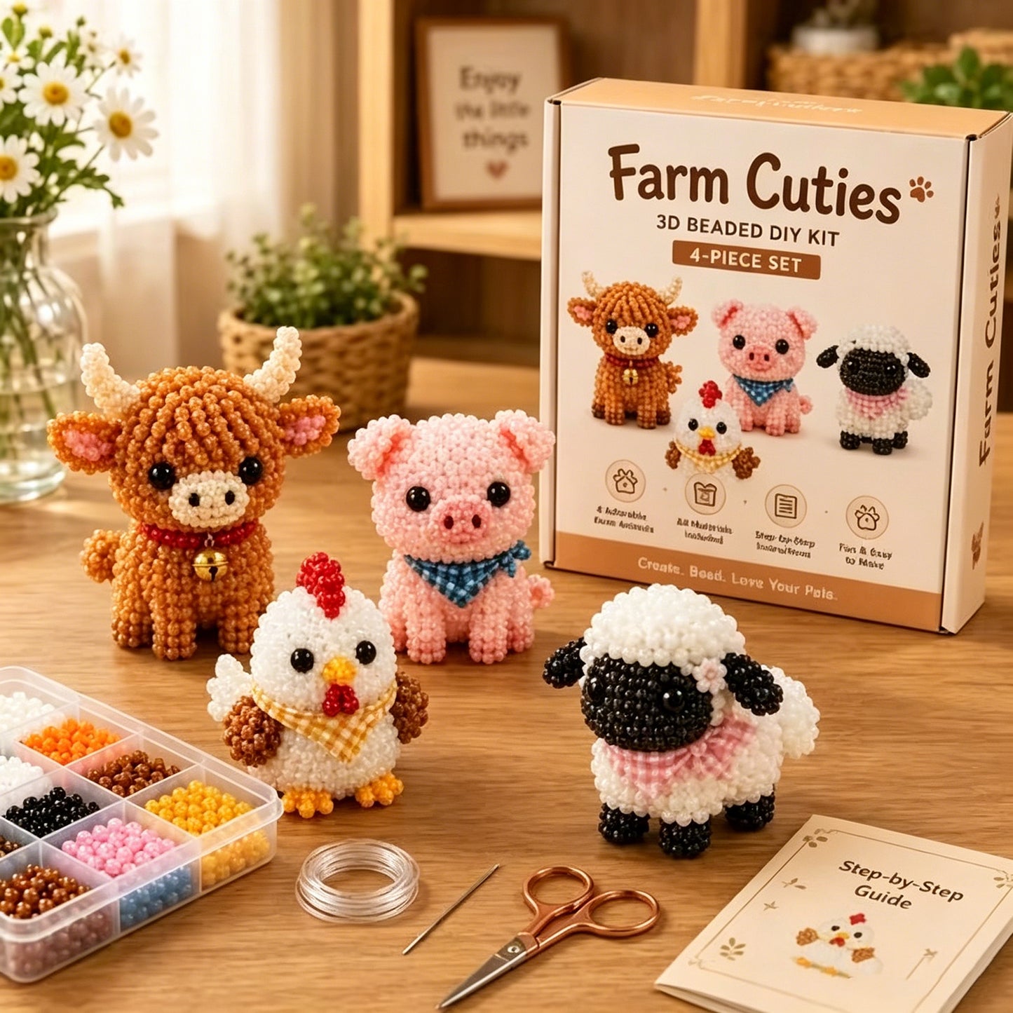 DIY 3D Animals Bead Embroidery Kits Complete Accessories Bead Embroidery Set Cute Bead Craft Animal Set for Crafting Enthusiasts Girls Women Teens Adults (Farm cutie)