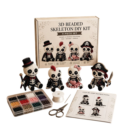 4-Pack 3D Beaded Skeleton DIY Kit with Beads and Instructions Handmade Skeleton Figurine Making Kit Beginner-Friendly for Teens Adults Home Decor Gift (Style A)