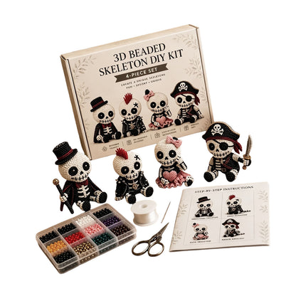 4-Pack 3D Beaded Skeleton DIY Kit with Beads and Instructions Handmade Skeleton Figurine Making Kit Beginner-Friendly for Teens Adults Home Decor Gift (Style A)