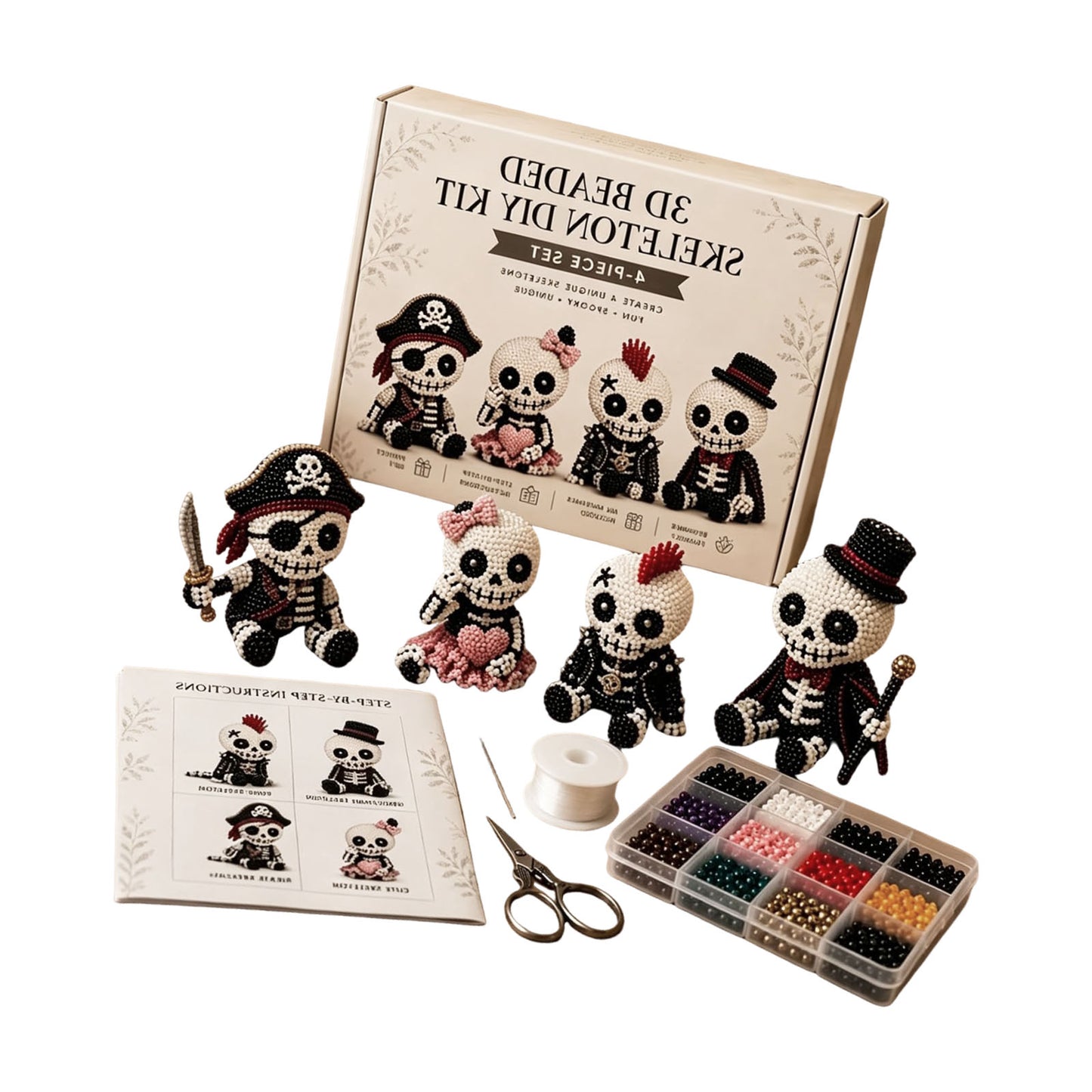 4-Pack 3D Beaded Skeleton DIY Kit with Beads and Instructions Handmade Skeleton Figurine Making Kit Beginner-Friendly for Teens Adults Home Decor Gift (Style A)