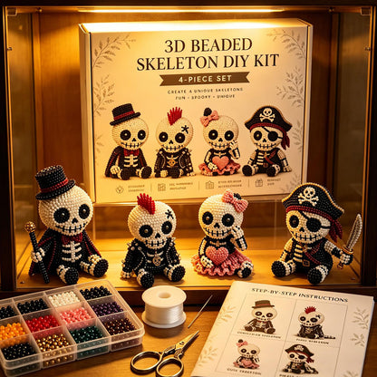 4-Pack 3D Beaded Skeleton DIY Kit with Beads and Instructions Handmade Skeleton Figurine Making Kit Beginner-Friendly for Teens Adults Home Decor Gift (Style A)