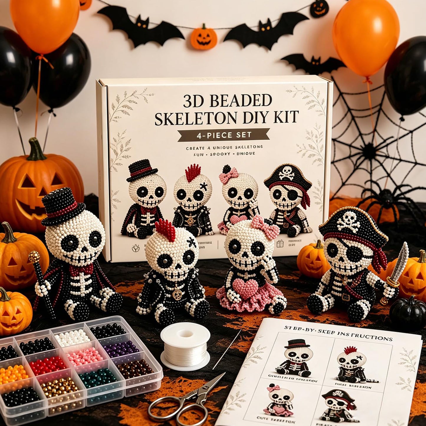4-Pack 3D Beaded Skeleton DIY Kit with Beads and Instructions Handmade Skeleton Figurine Making Kit Beginner-Friendly for Teens Adults Home Decor Gift (Style A)