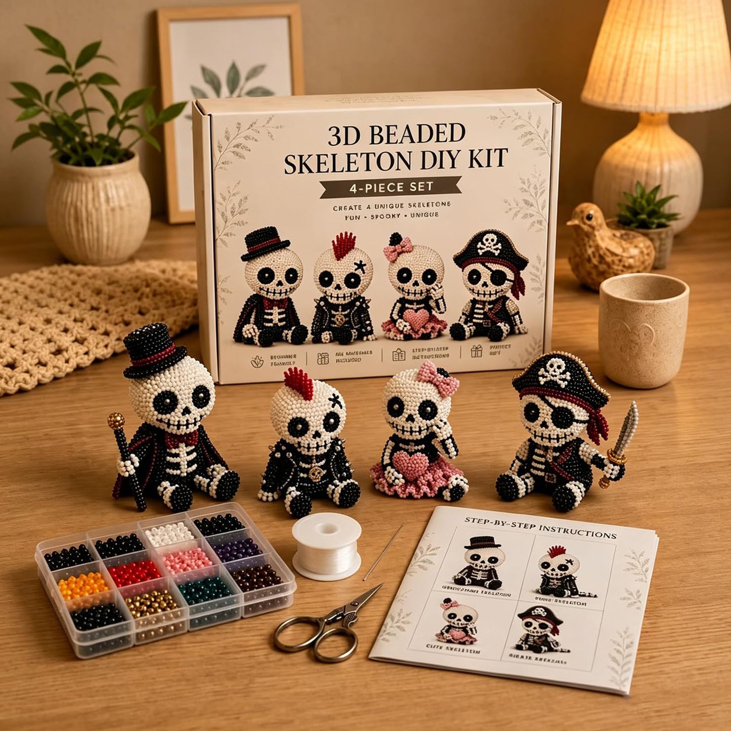 4-Pack 3D Beaded Skeleton DIY Kit with Beads and Instructions Handmade Skeleton Figurine Making Kit Beginner-Friendly for Teens Adults Home Decor Gift (Style A)
