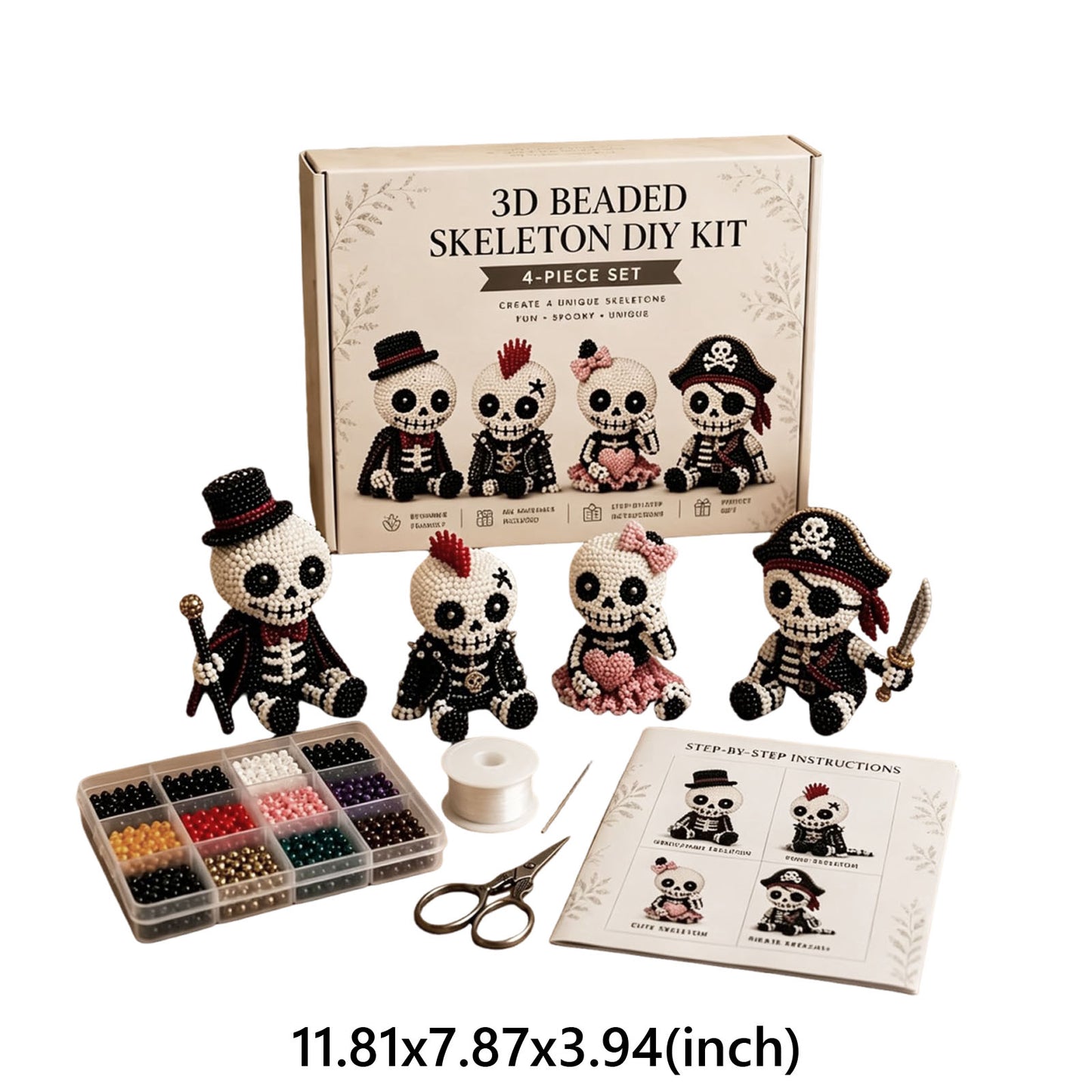 4-Pack 3D Beaded Skeleton DIY Kit with Beads and Instructions Handmade Skeleton Figurine Making Kit Beginner-Friendly for Teens Adults Home Decor Gift (Style A)