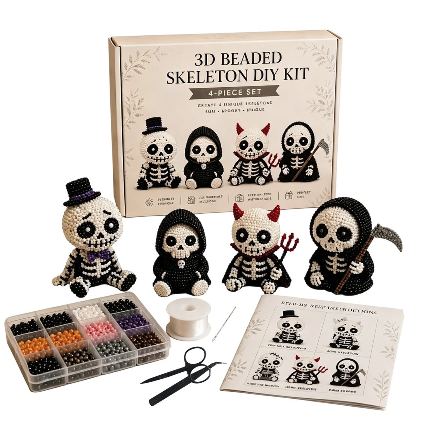 4-Pack 3D Beaded Skeleton DIY Kit with Beads and Instructions Handmade Skeleton Figurine Making Kit Beginner-Friendly for Teens Adults Home Decor Gift (Style B)