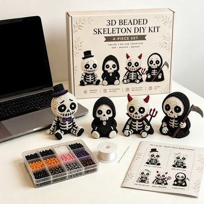 4-Pack 3D Beaded Skeleton DIY Kit with Beads and Instructions Handmade Skeleton Figurine Making Kit Beginner-Friendly for Teens Adults Home Decor Gift (Style B)