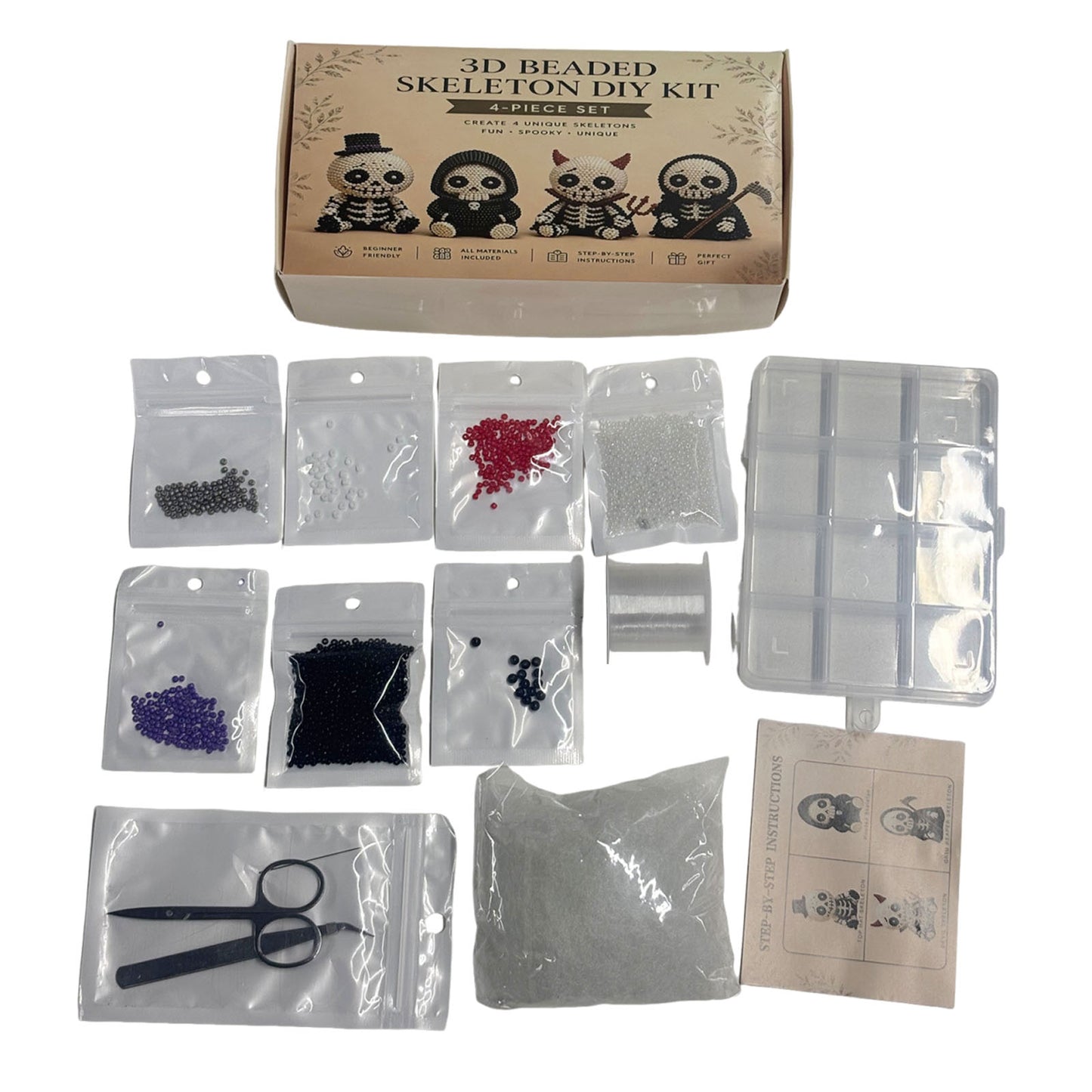 4-Pack 3D Beaded Skeleton DIY Kit with Beads and Instructions Handmade Skeleton Figurine Making Kit Beginner-Friendly for Teens Adults Home Decor Gift (Style B)