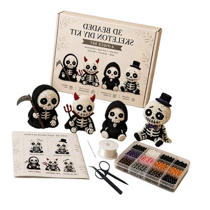 4-Pack 3D Beaded Skeleton DIY Kit with Beads and Instructions Handmade Skeleton Figurine Making Kit Beginner-Friendly for Teens Adults Home Decor Gift (Style B)