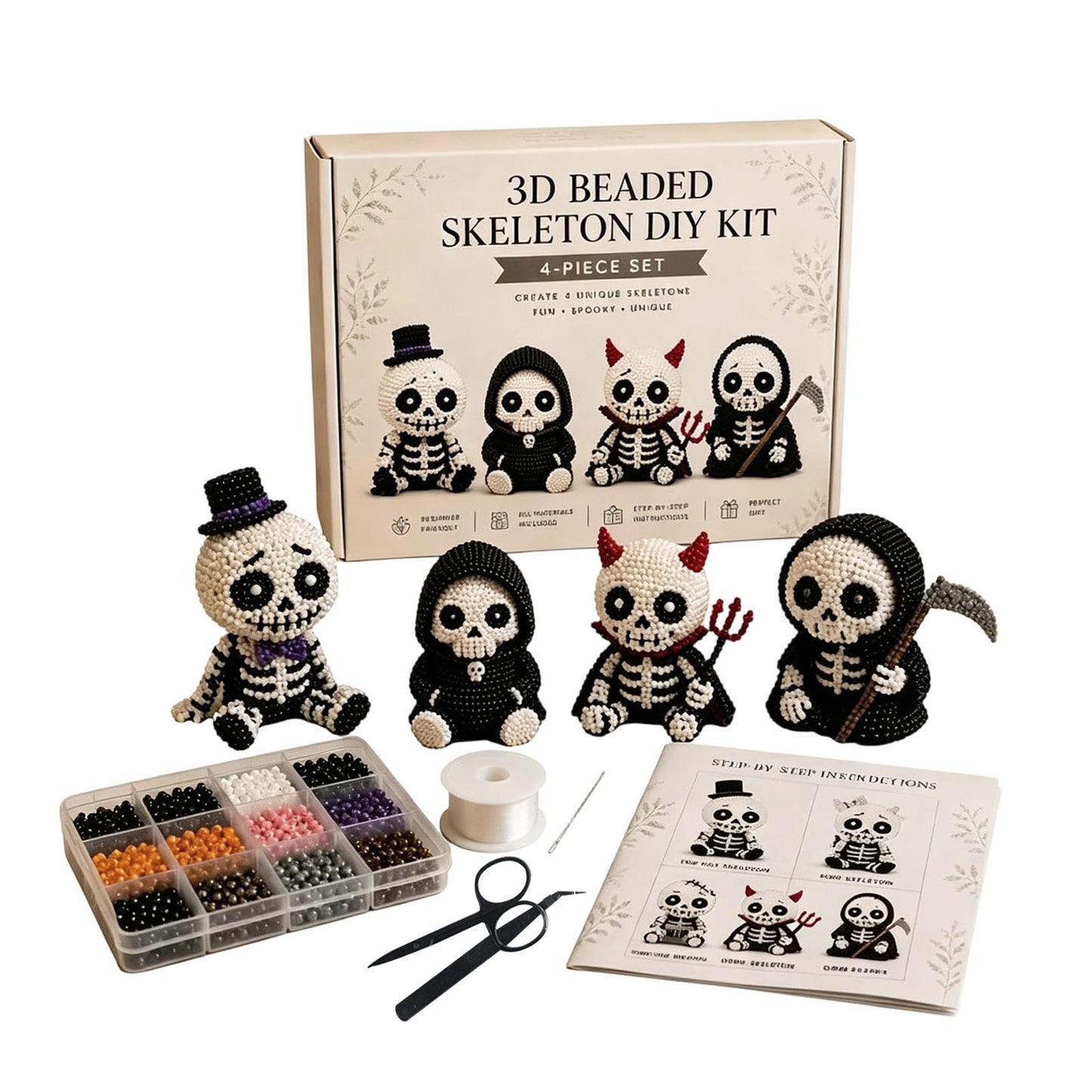 4-Pack 3D Beaded Skeleton DIY Kit with Beads and Instructions Handmade Skeleton Figurine Making Kit Beginner-Friendly for Teens Adults Home Decor Gift (Style B)