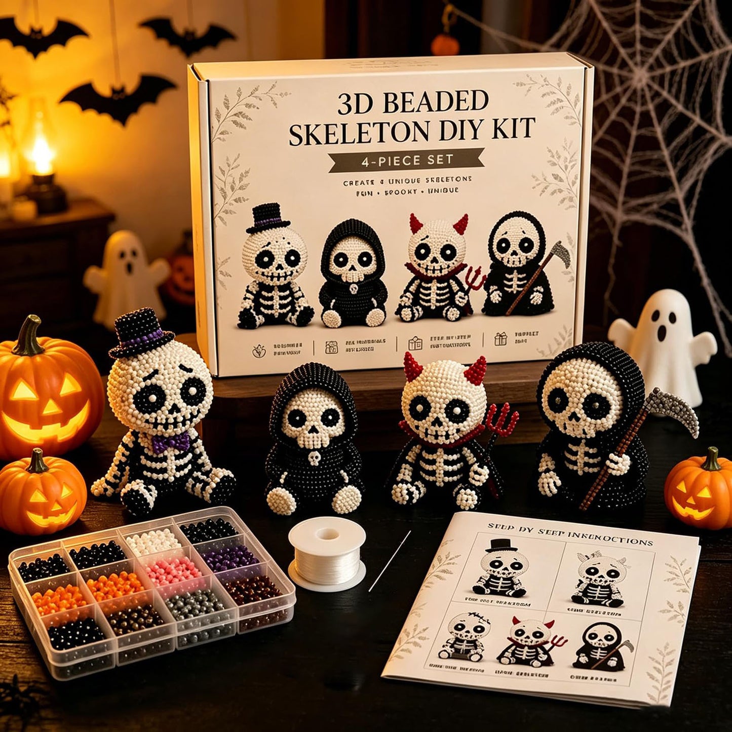 4-Pack 3D Beaded Skeleton DIY Kit with Beads and Instructions Handmade Skeleton Figurine Making Kit Beginner-Friendly for Teens Adults Home Decor Gift (Style B)