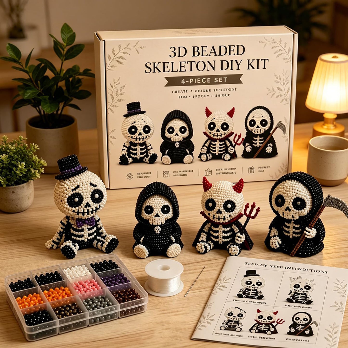 4-Pack 3D Beaded Skeleton DIY Kit with Beads and Instructions Handmade Skeleton Figurine Making Kit Beginner-Friendly for Teens Adults Home Decor Gift (Style B)