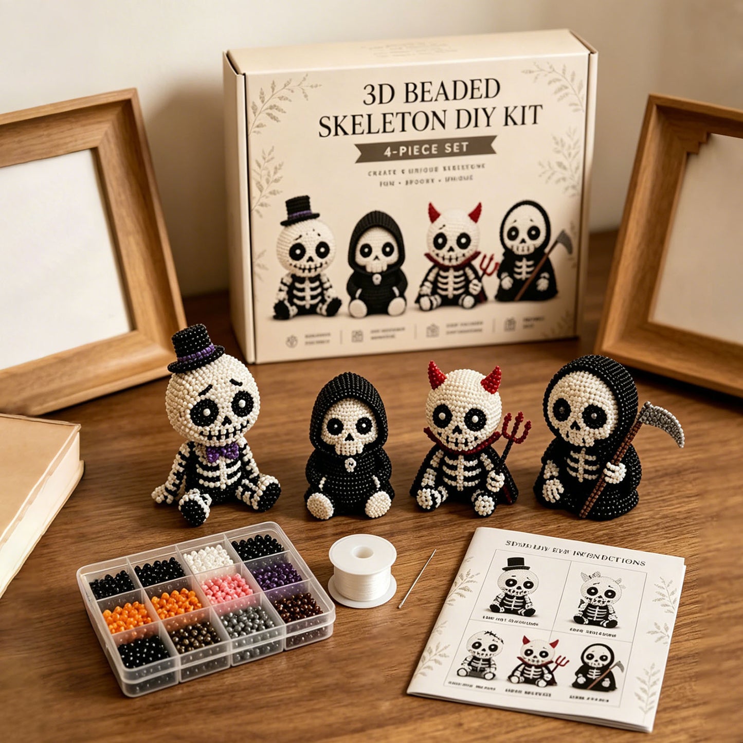 4-Pack 3D Beaded Skeleton DIY Kit with Beads and Instructions Handmade Skeleton Figurine Making Kit Beginner-Friendly for Teens Adults Home Decor Gift (Style B)