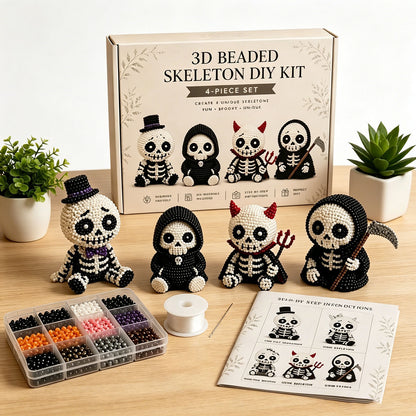 4-Pack 3D Beaded Skeleton DIY Kit with Beads and Instructions Handmade Skeleton Figurine Making Kit Beginner-Friendly for Teens Adults Home Decor Gift (Style B)
