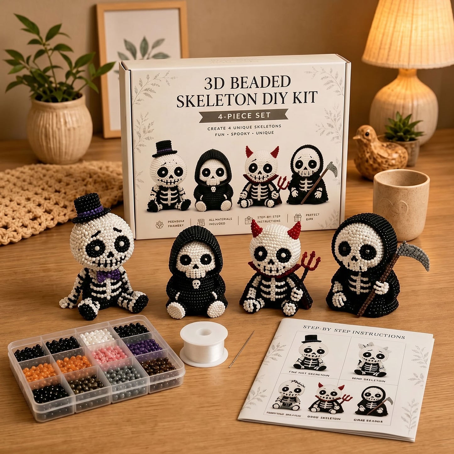 4-Pack 3D Beaded Skeleton DIY Kit with Beads and Instructions Handmade Skeleton Figurine Making Kit Beginner-Friendly for Teens Adults Home Decor Gift (Style B)