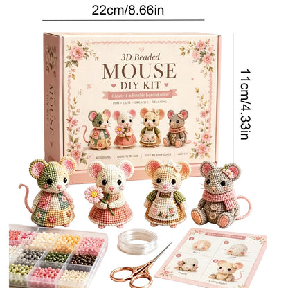 3D DIY Mouse Beaded Animal DIY Kit with Instructions Cute Handmade Bead Art Set Animals Bead Embroidery Kit Creative DIY Decoration Gifts for Beginner