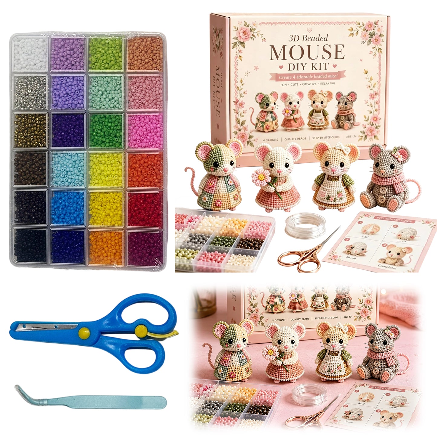 3D DIY Mouse Beaded Animal DIY Kit with Instructions Cute Handmade Bead Art Set Animals Bead Embroidery Kit Creative DIY Decoration Gifts for Beginner