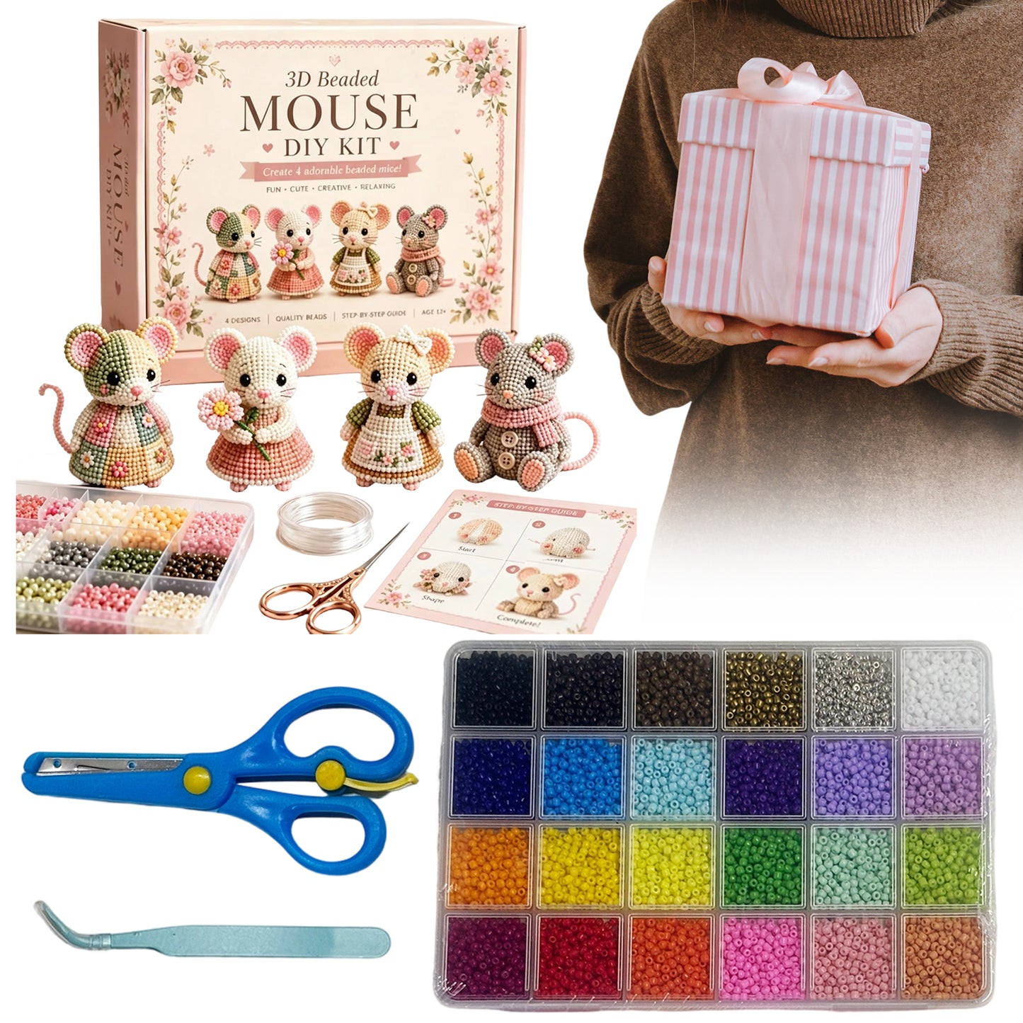 3D DIY Mouse Beaded Animal DIY Kit with Instructions Cute Handmade Bead Art Set Animals Bead Embroidery Kit Creative DIY Decoration Gifts for Beginner