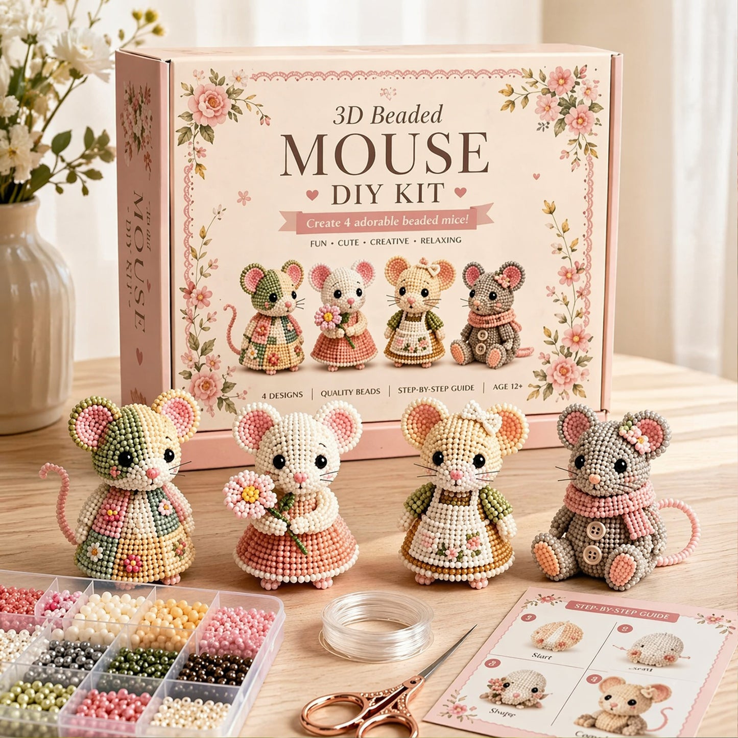 3D DIY Mouse Beaded Animal DIY Kit with Instructions Cute Handmade Bead Art Set Animals Bead Embroidery Kit Creative DIY Decoration Gifts for Beginner
