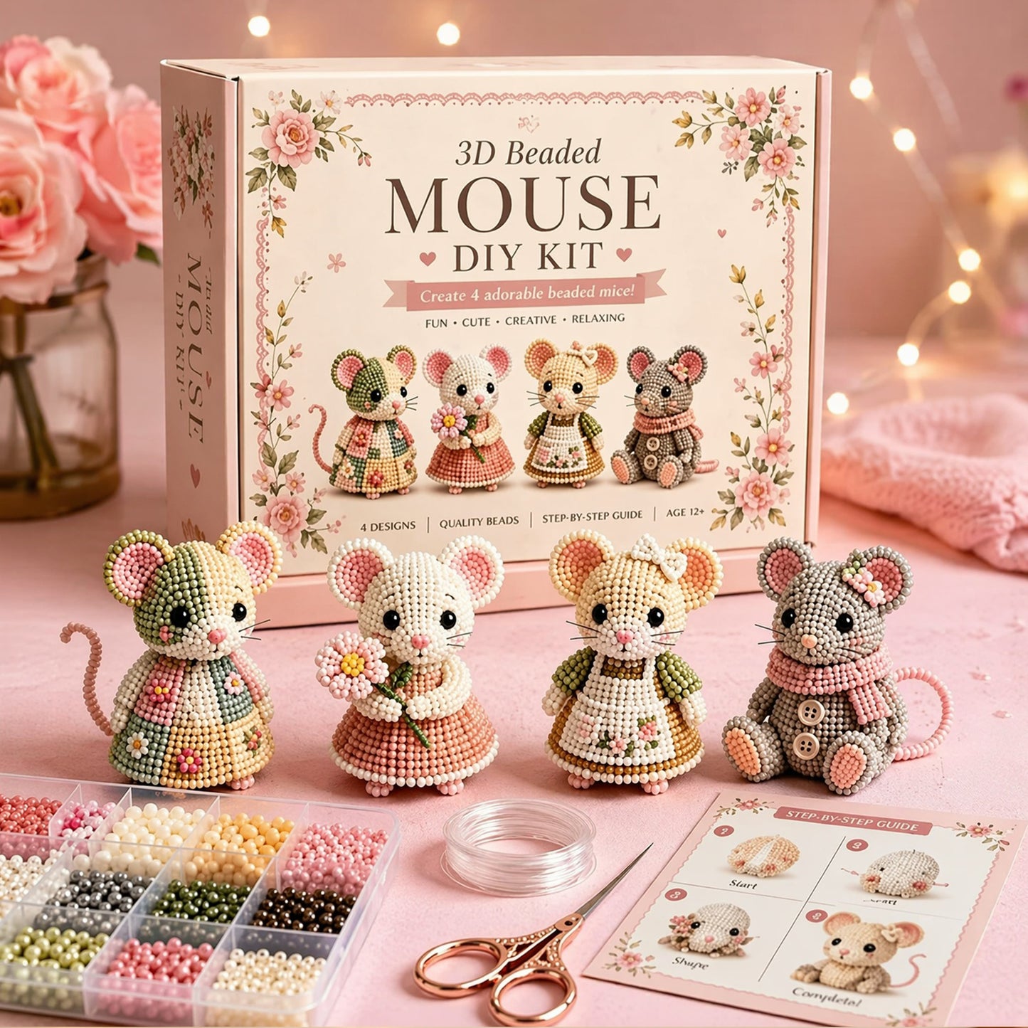 3D DIY Mouse Beaded Animal DIY Kit with Instructions Cute Handmade Bead Art Set Animals Bead Embroidery Kit Creative DIY Decoration Gifts for Beginner